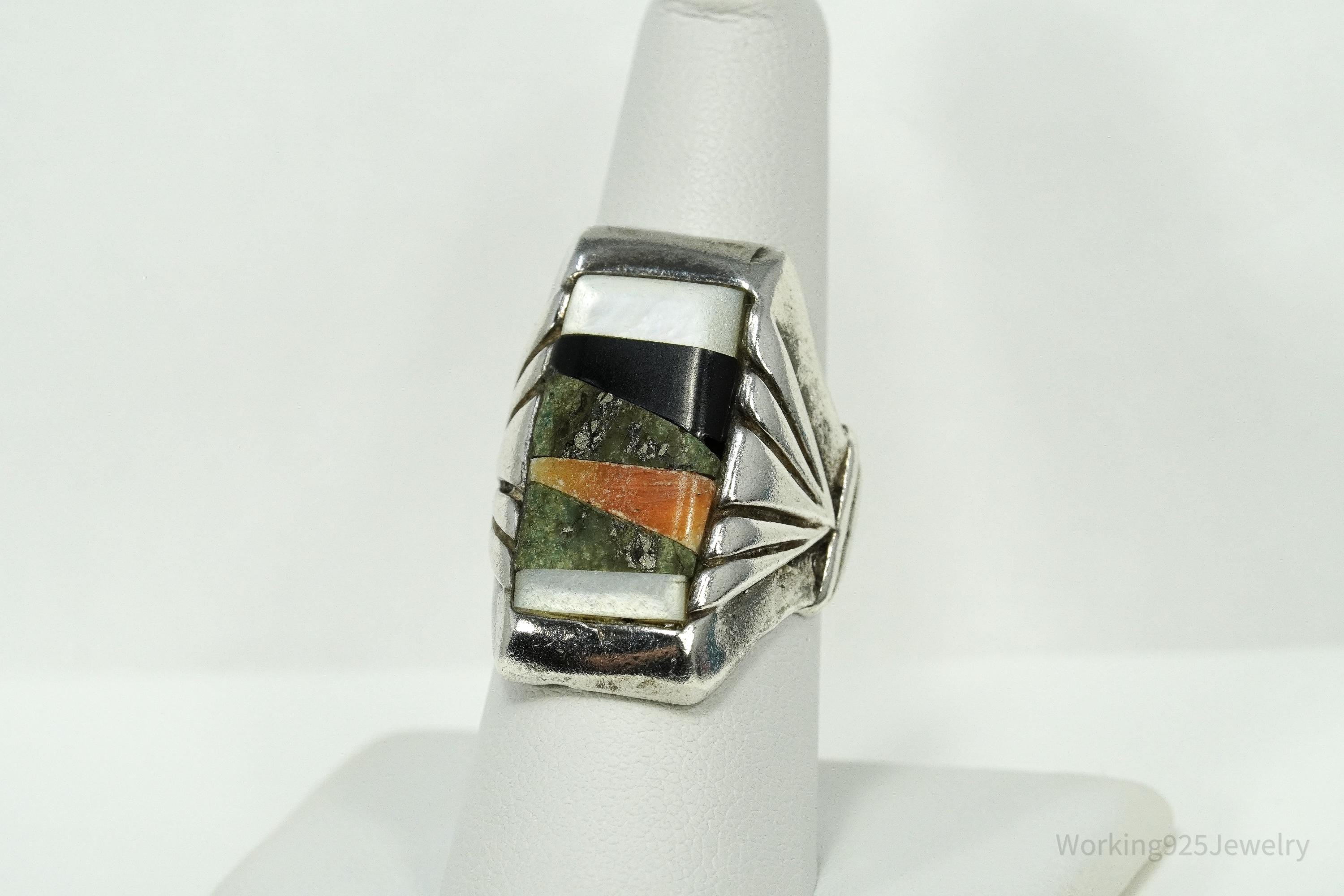 Vintage Handmade Native American Multi Gem Inlay Silver Ring - Size 8.5