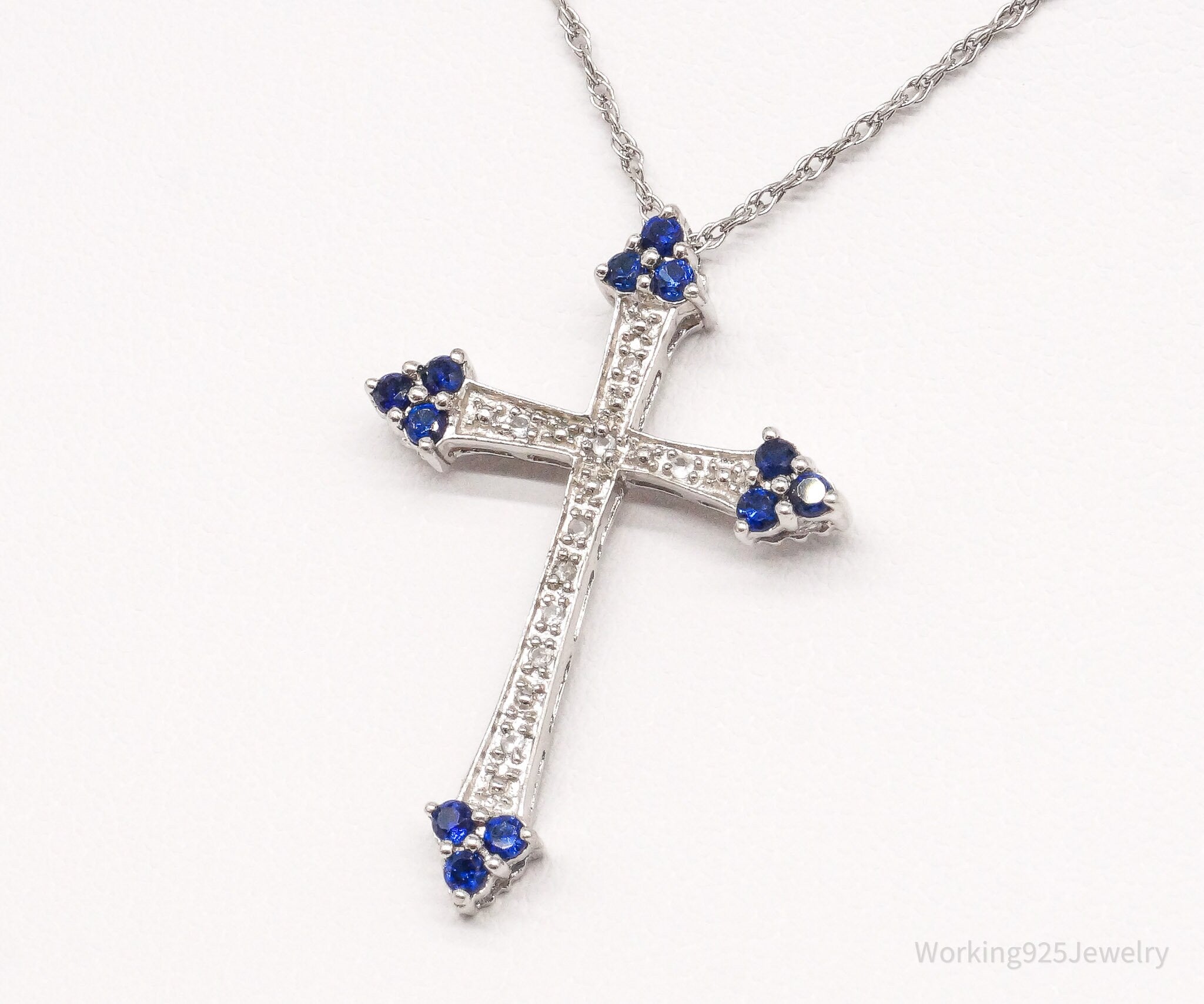 Vintage Lab Sapphire White Topaz Cross Sterling Silver Necklace 18"