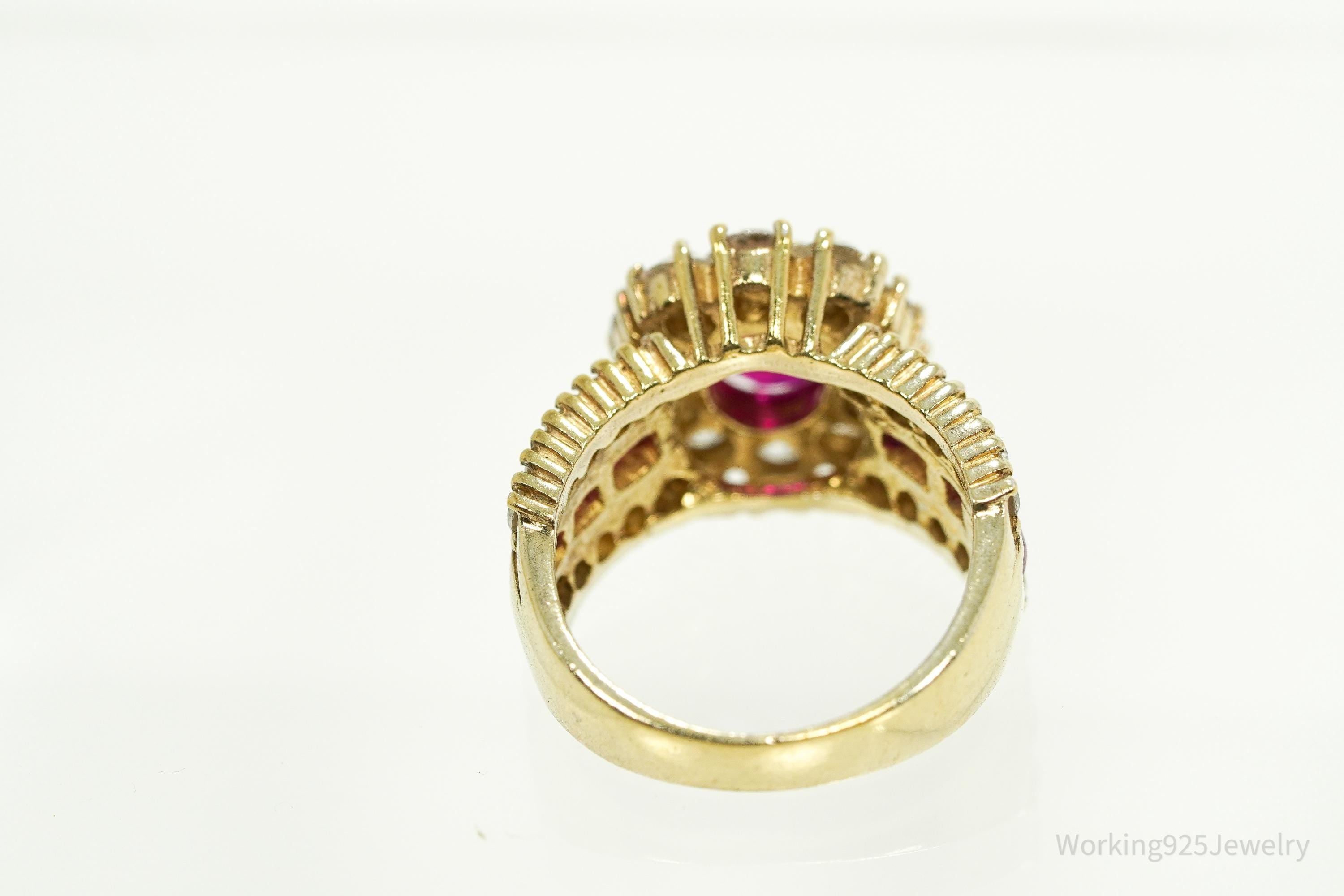 Vintage Ruby & Cubic Zirconia Gold Vermeil Sterling Silver Ring Size 6.25
