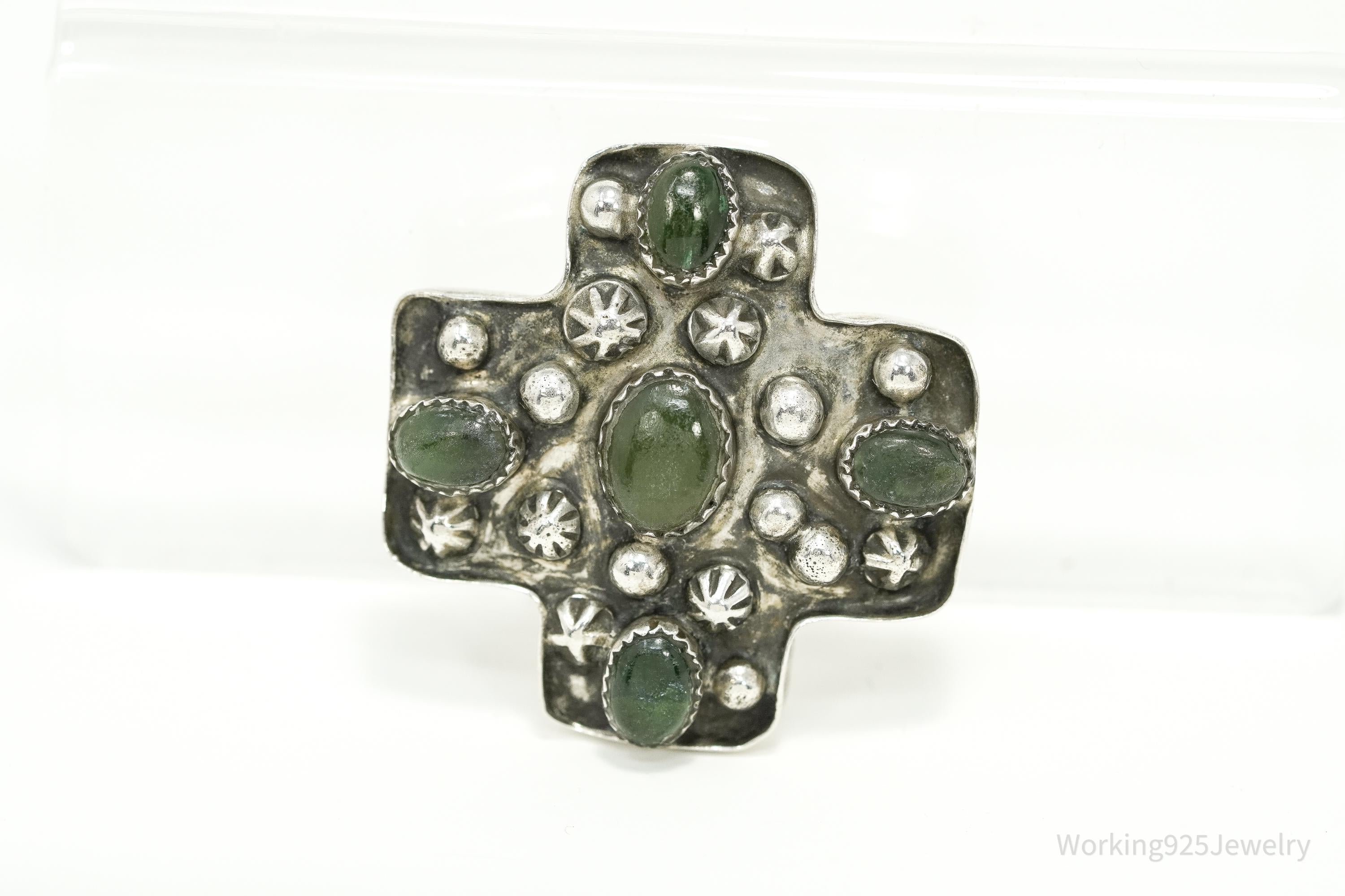 Native American Style Cross With Green Stones Sterling Silver Pin