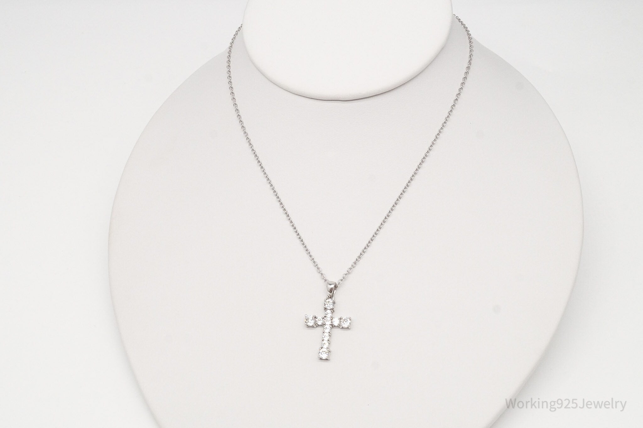 Vintage Cubic Zirconia Cross Platinum Clad Sterling Silver Necklace 18"