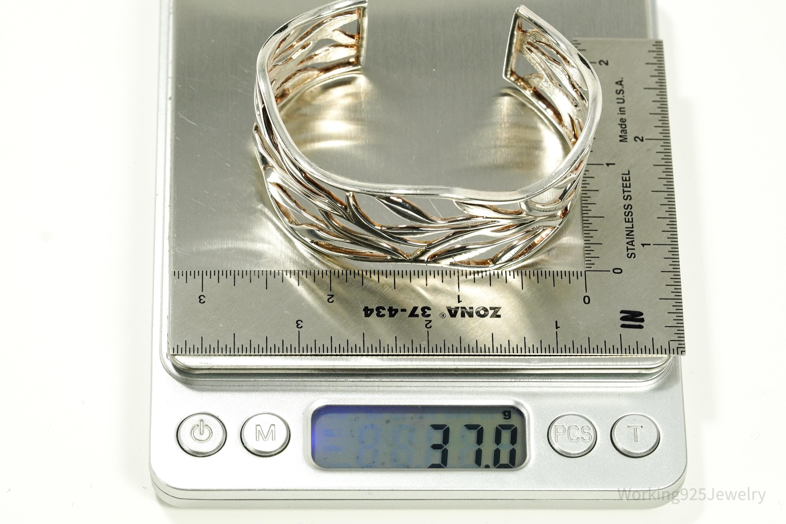 Vintage Leaf Pattern Sterling Silver Cuff Bracelet 6 7/8"