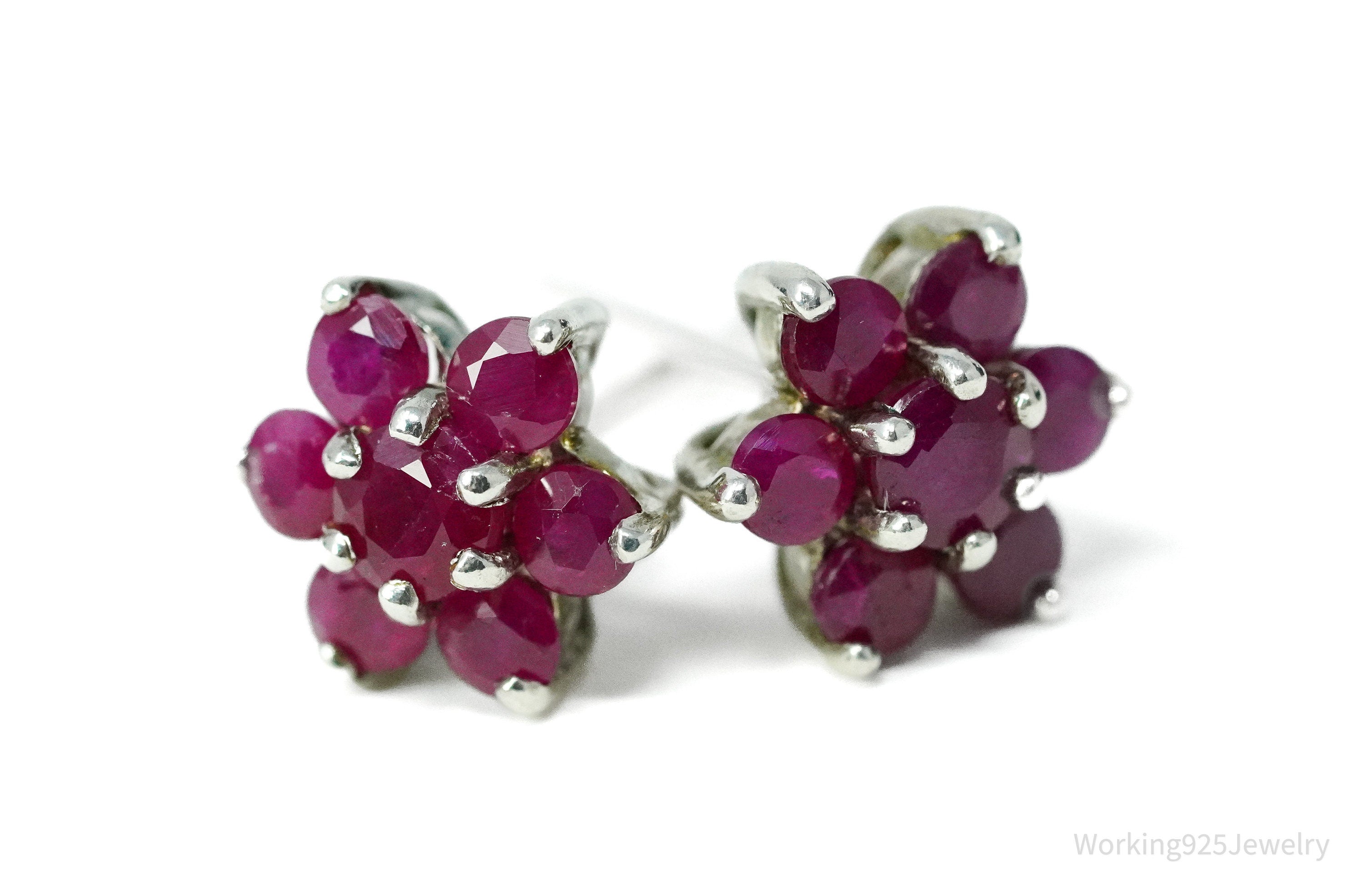 Vintage Ruby Flower Silver Earrings
