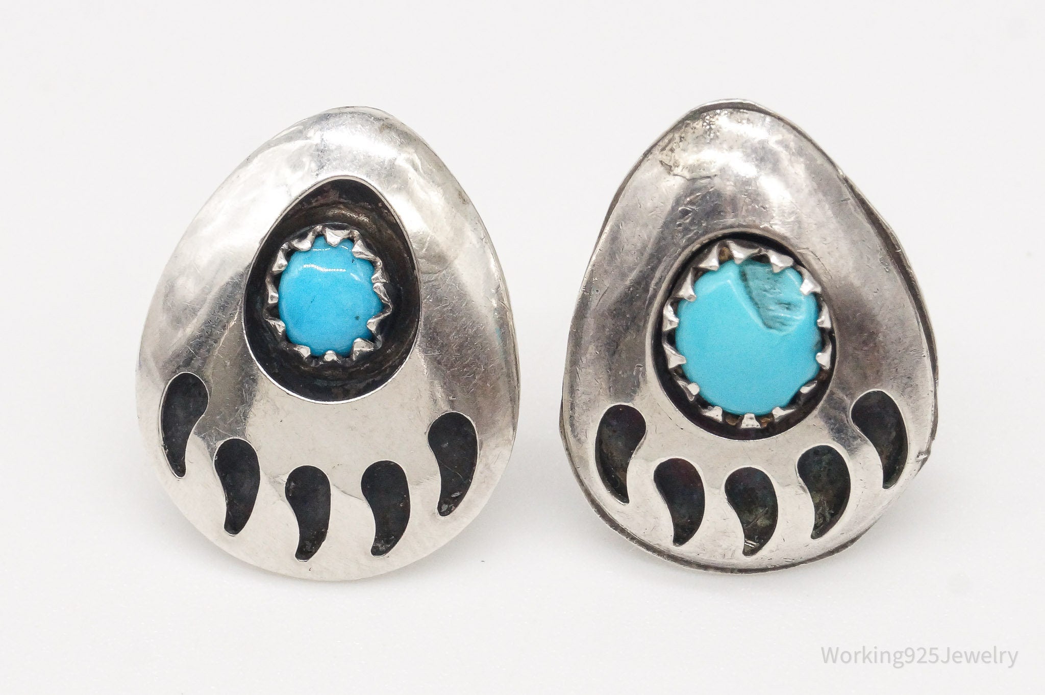 Vintage Native American Turquoise Bear Paw Print Silver Earrings