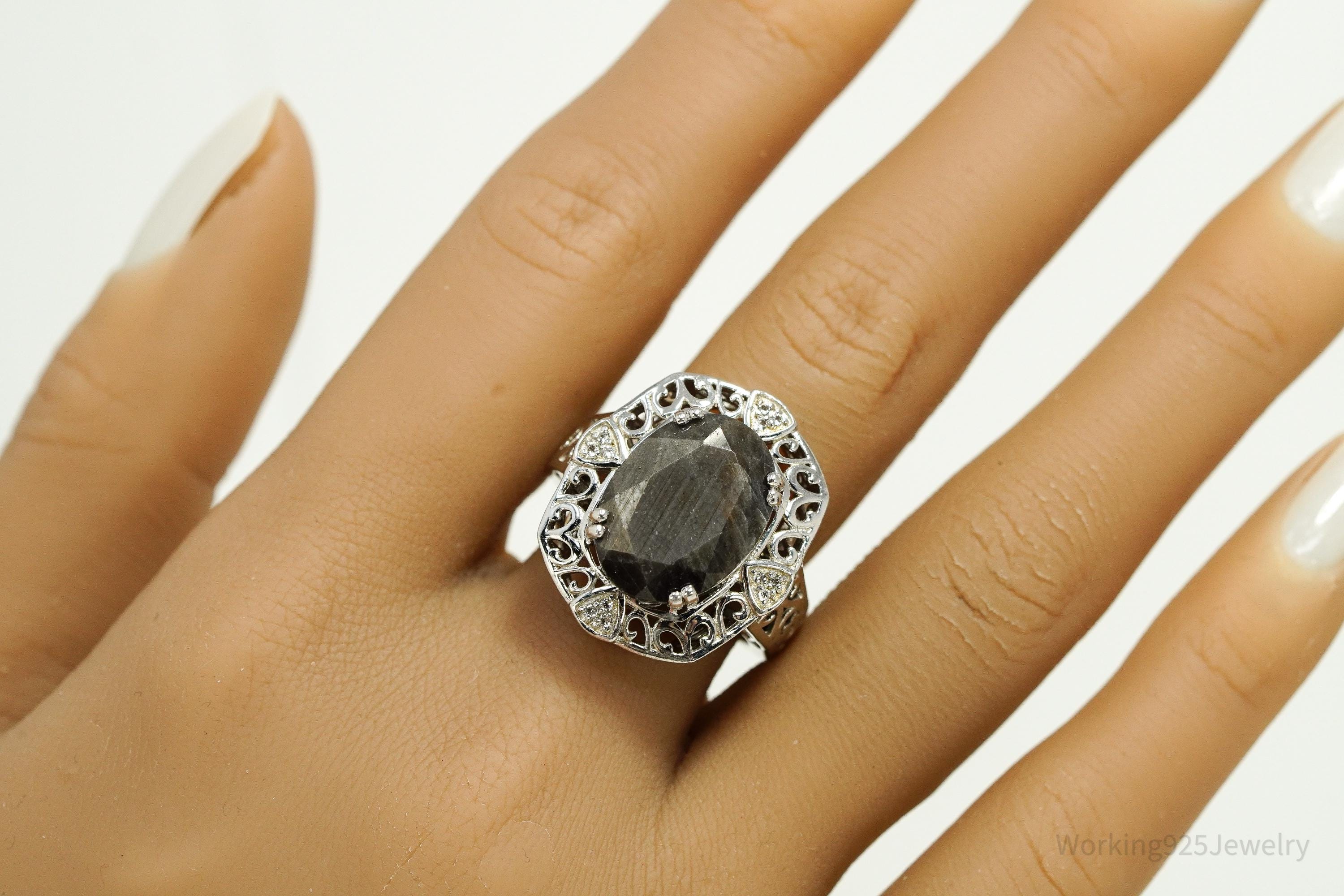 Vintage Grey Brown Stone & White Topaz Sterling Silver Ring - Size 9