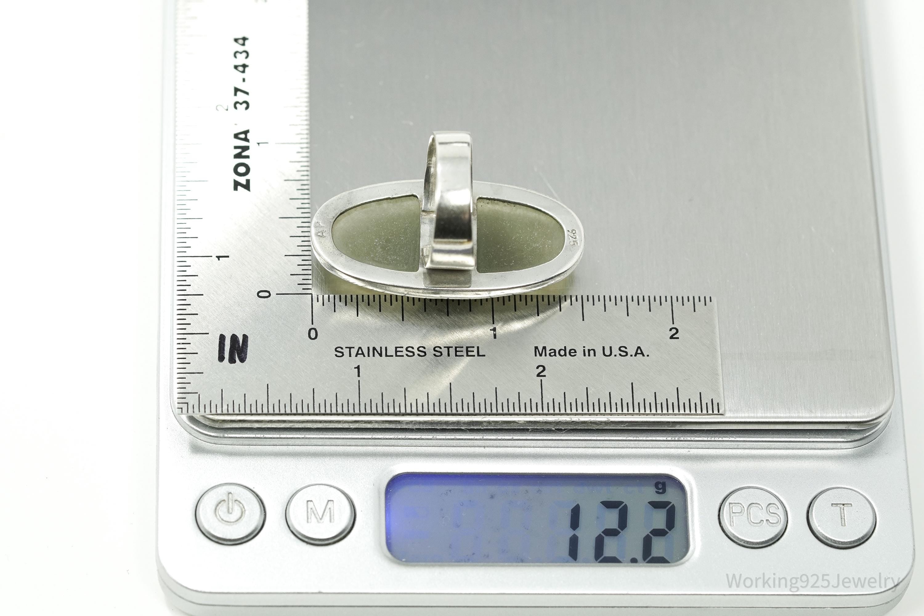 Vintage Large Green Stone Sterling Silver Ring - Size 7