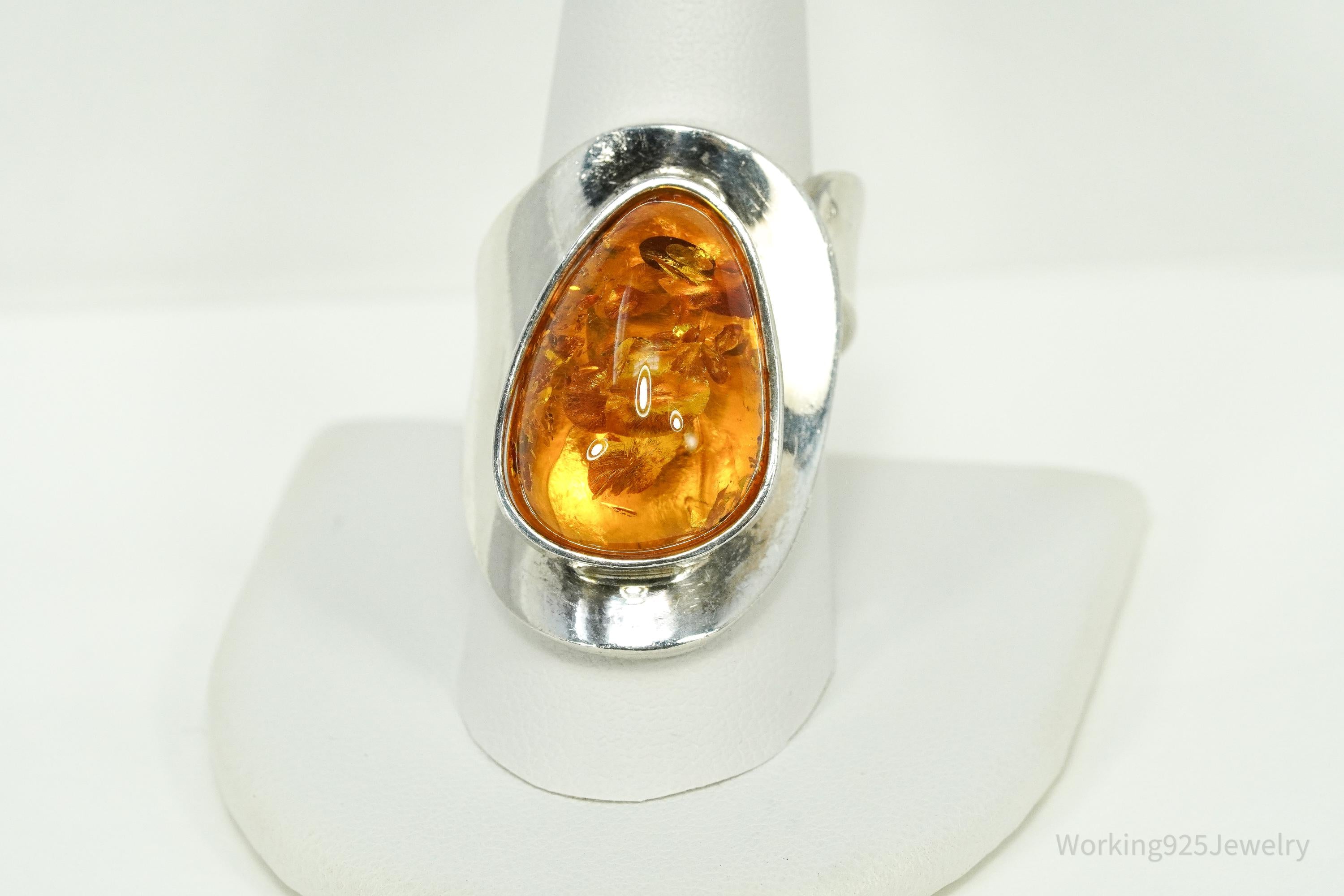 Vintage Large Amber Modernist Style Sterling Silver Ring - Size 9