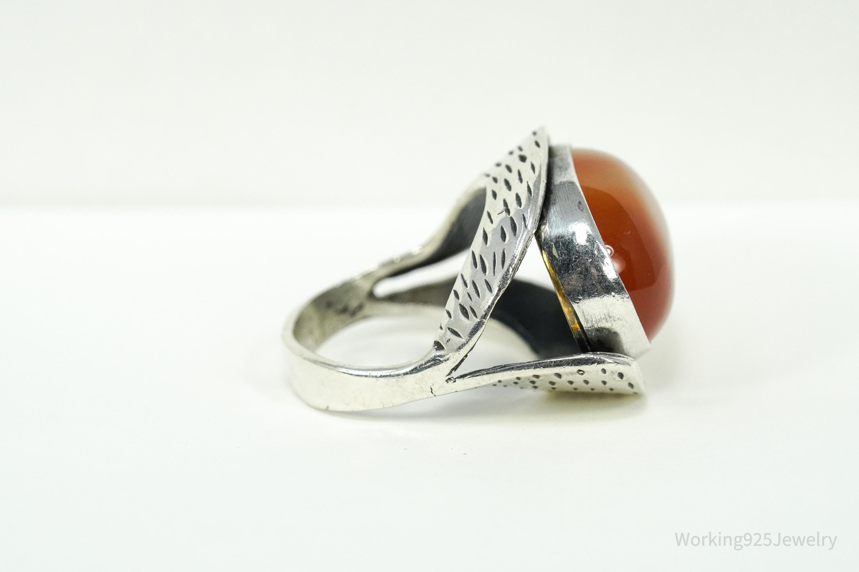 Vintage Large Carnelian Modernist Style Sterling Silver Ring - Size 6.25