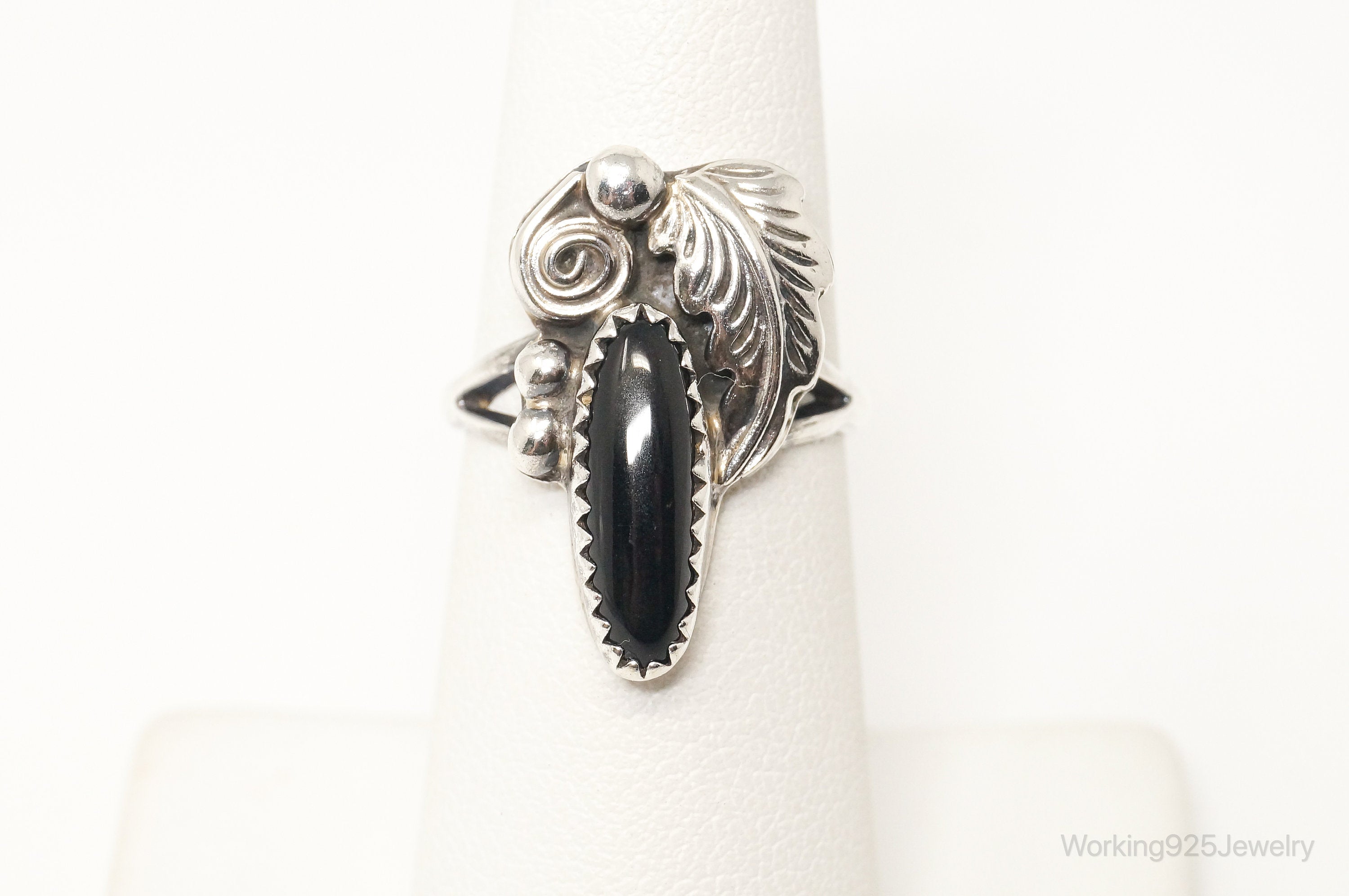 Vintage Native American Signed RB Black Onyx Sterling Silver Ring - Size 6