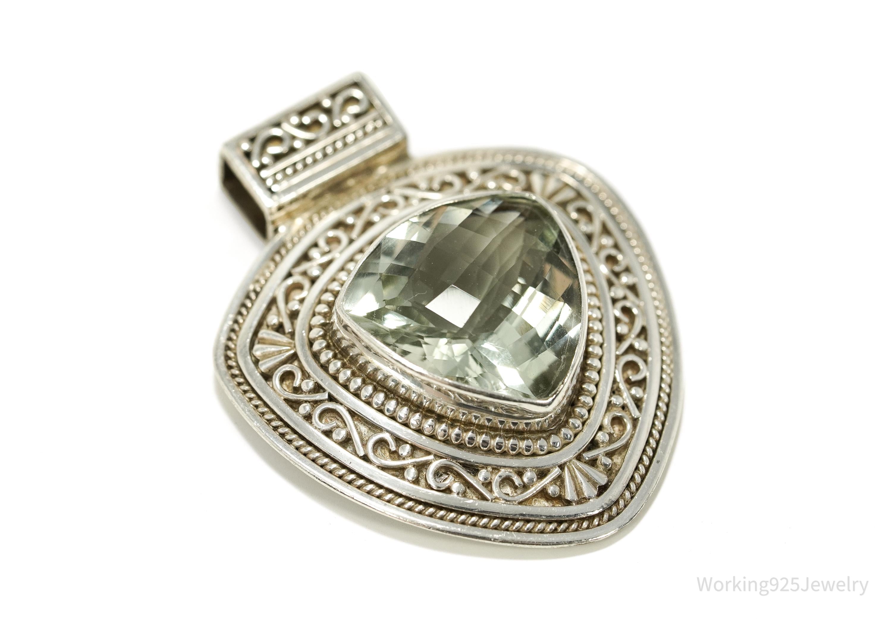 Vintage Nepal Large Prasiolite Sterling Silver Necklace Pendant