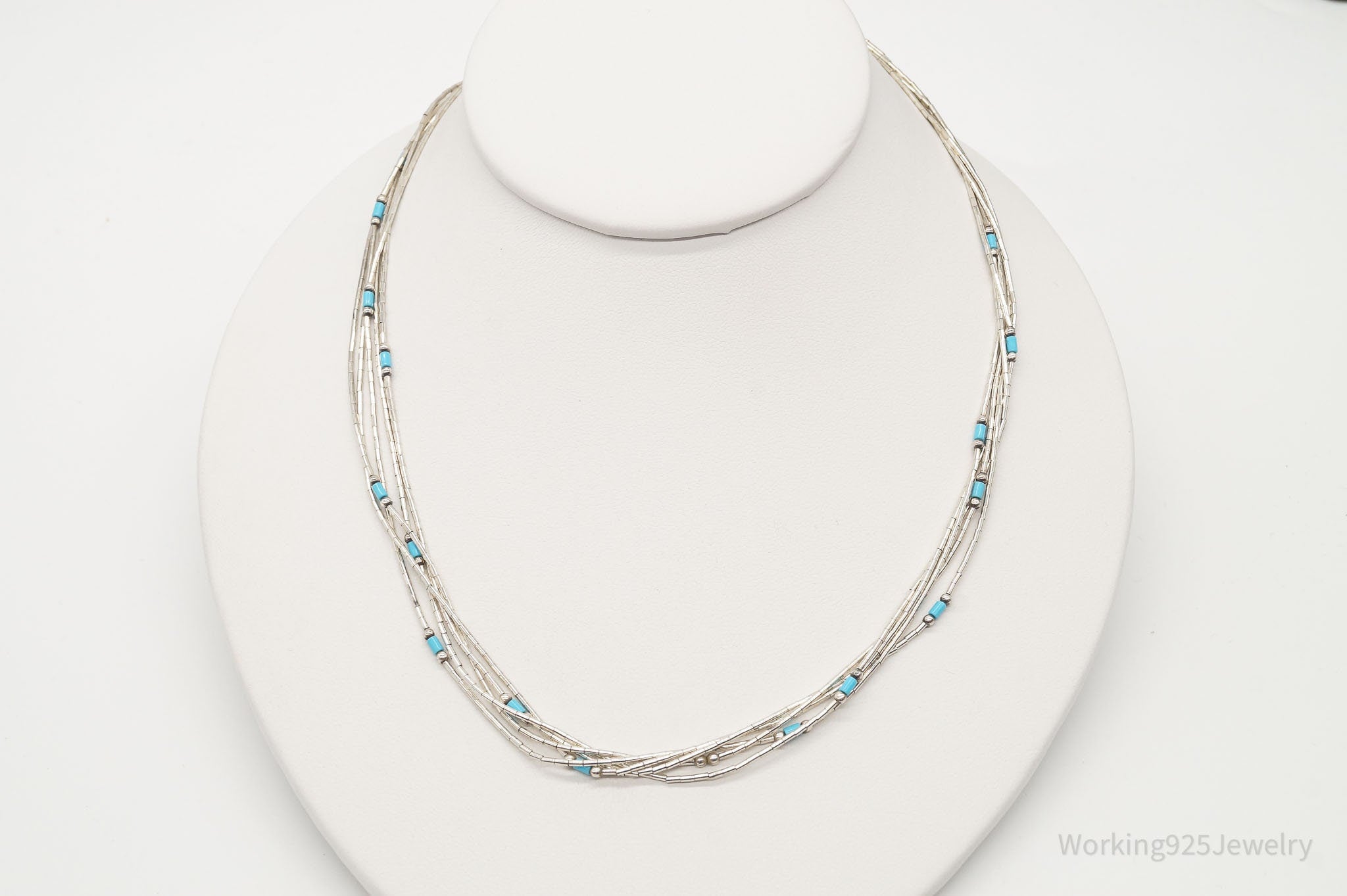 Vintage Native American Blue Turquoise Sterling Silver Bead Necklace