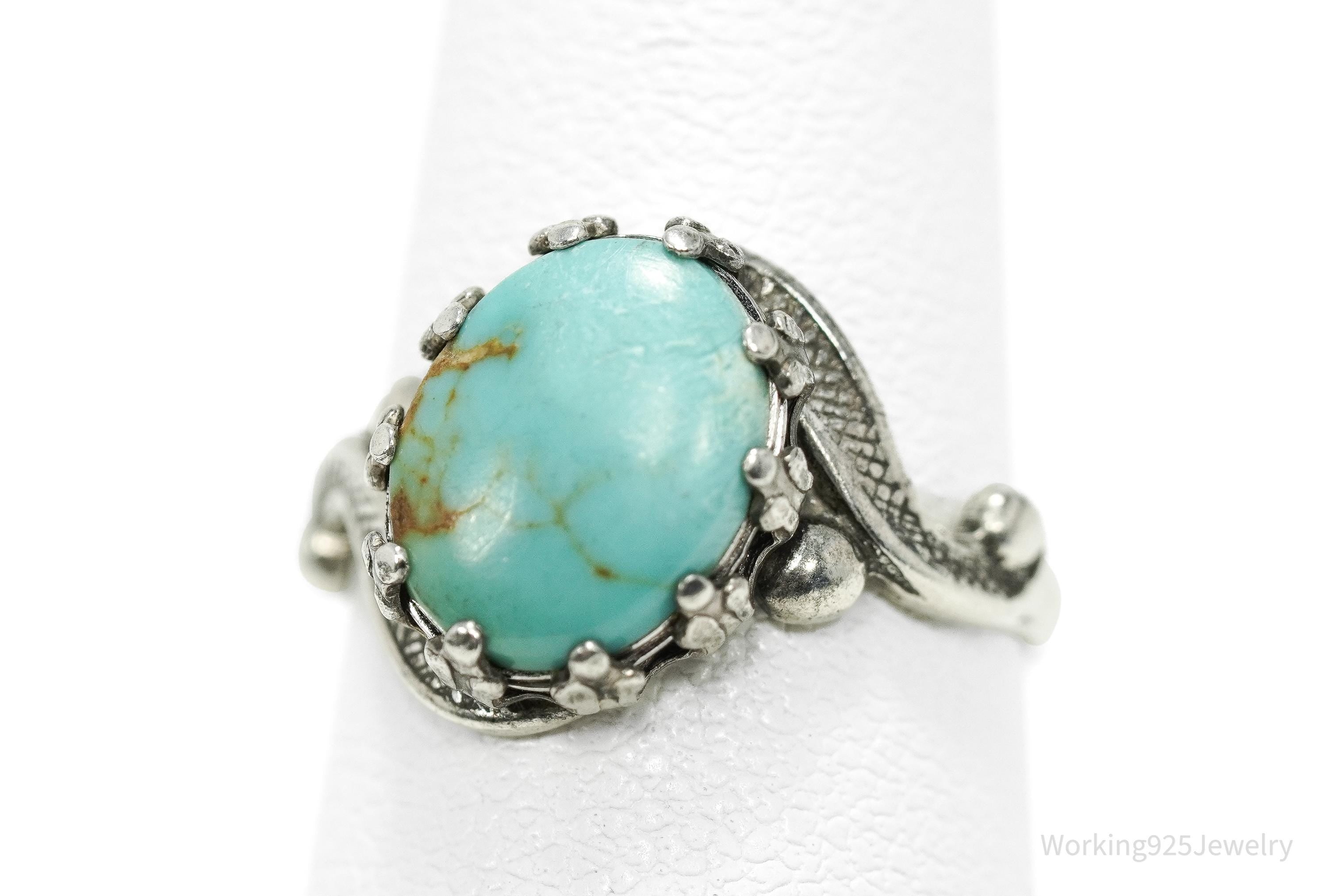 Vintage Native American Signed JP Turquoise Sterling Silver Ring - Size 4.5