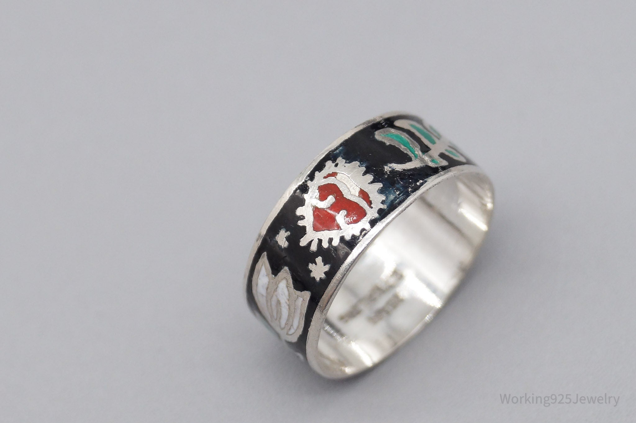 Vintage SIAM Flowers Enamel Sterling Silver Ring - Size 6