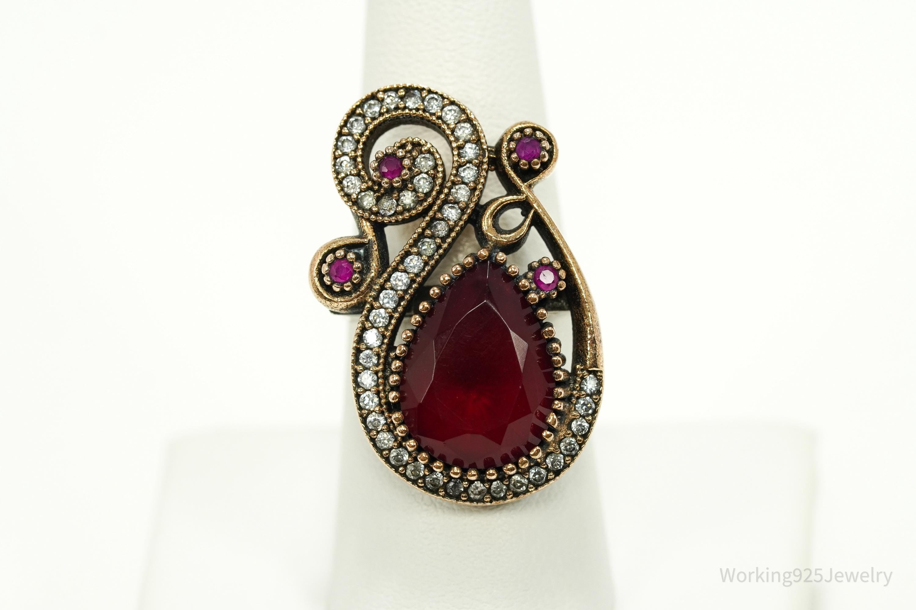 Vintage Red Stone, Ruby, & Cubic Zirconia Sterling Silver Ring - Size 7.5