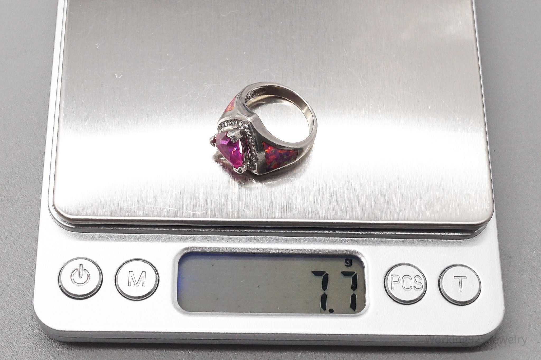 Vintage TGI Pink Sapphire Opal Inlay Cubic Zirconia Sterling Silver Ring - SZ 6