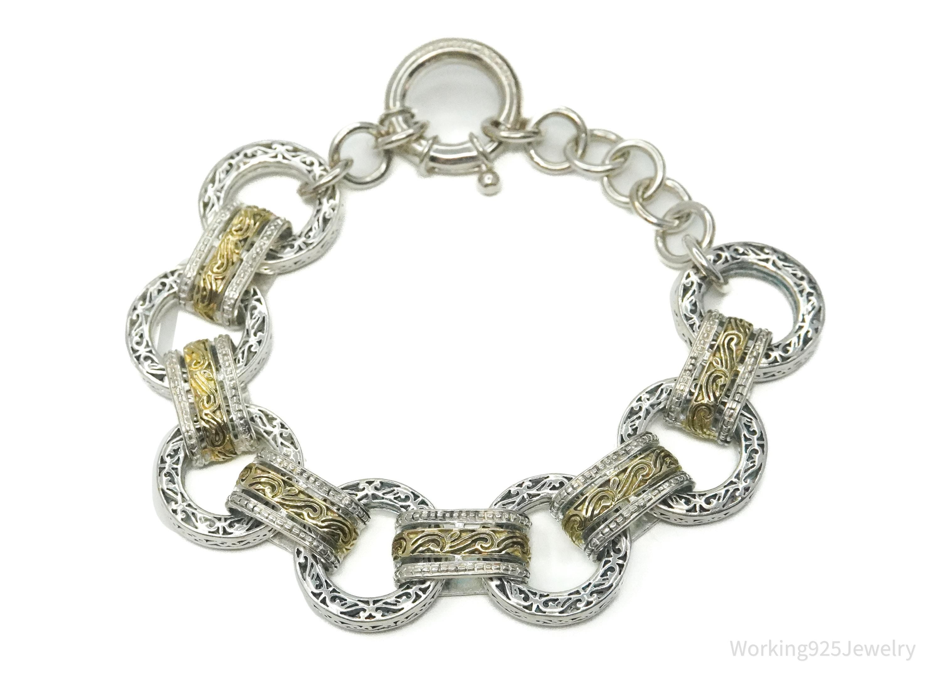 Vintage ASJ Filigree Scroll Design Large Link Gold Vermeil Sterling Silver Chain Bracelet 7 7/8"