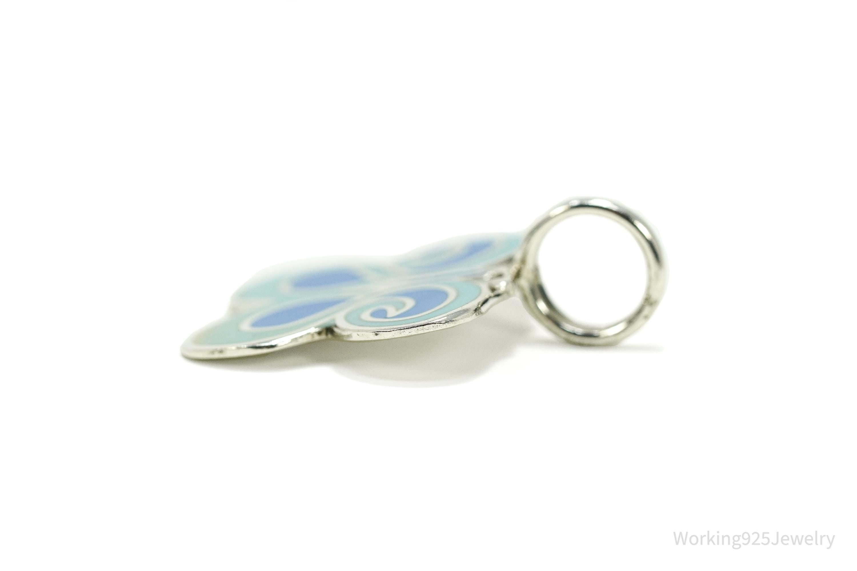 Vintage Blue Enamel Butterfly Silver Necklace Pendant