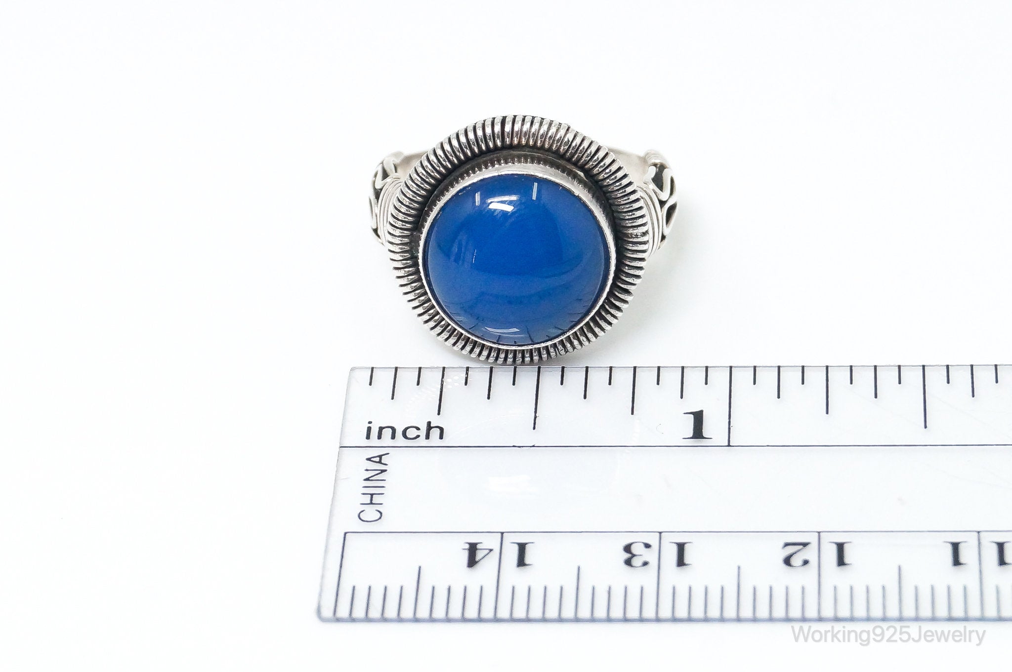 Vintage Large Blue Chalcedony Sterling Silver Ring - Size 6.75