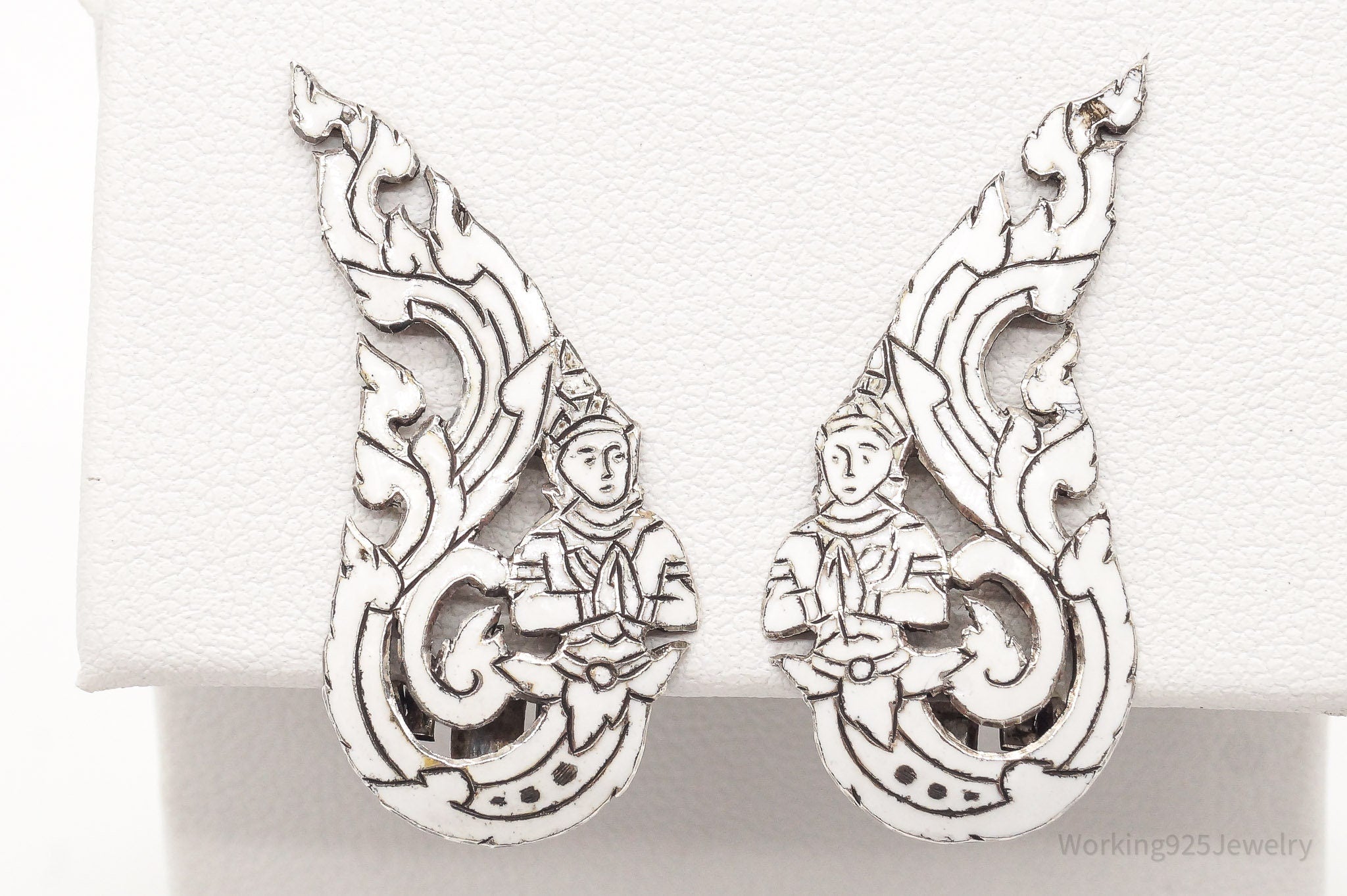 Vintage SIAM White Enamel Sterling Silver Clip On Earrings