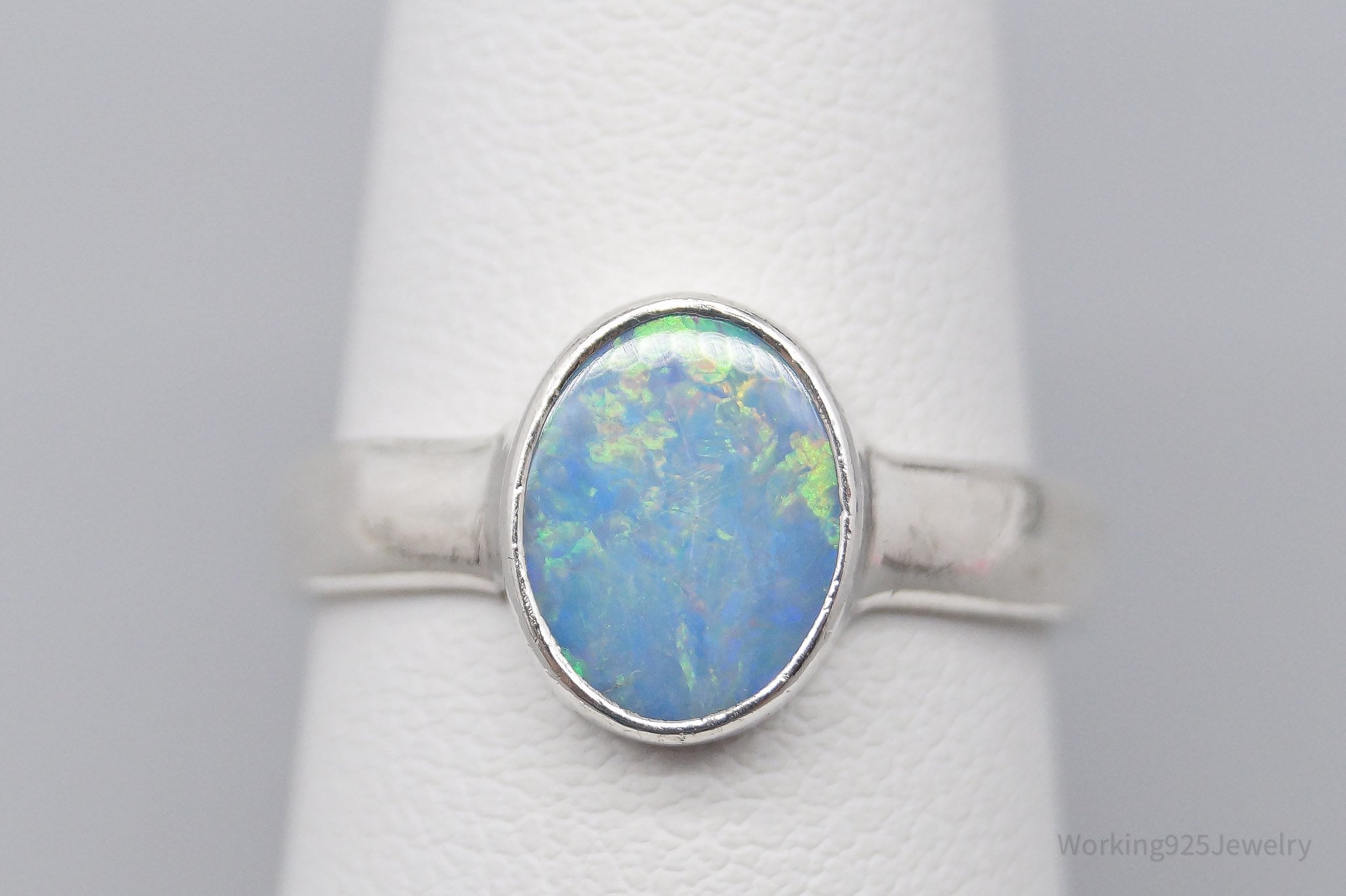 Vintage Blue Opal Sterling Silver Ring - Size 6.75