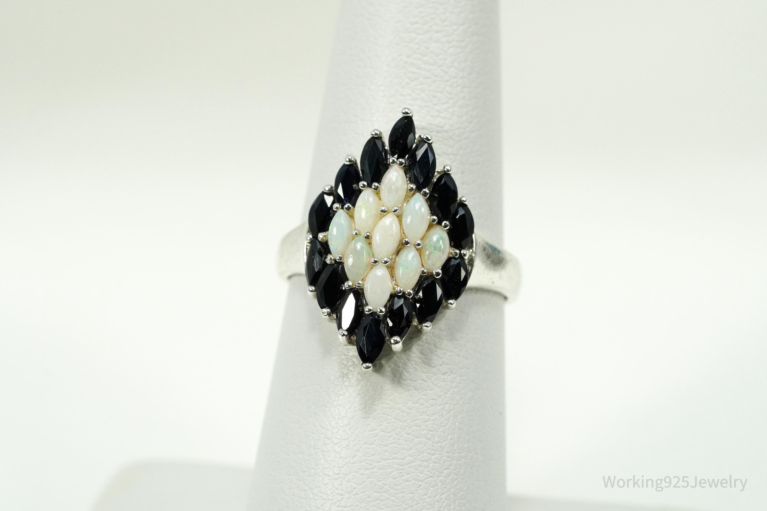 Vintage Opal & Blue Sapphire Sterling Silver Ring - Size 7