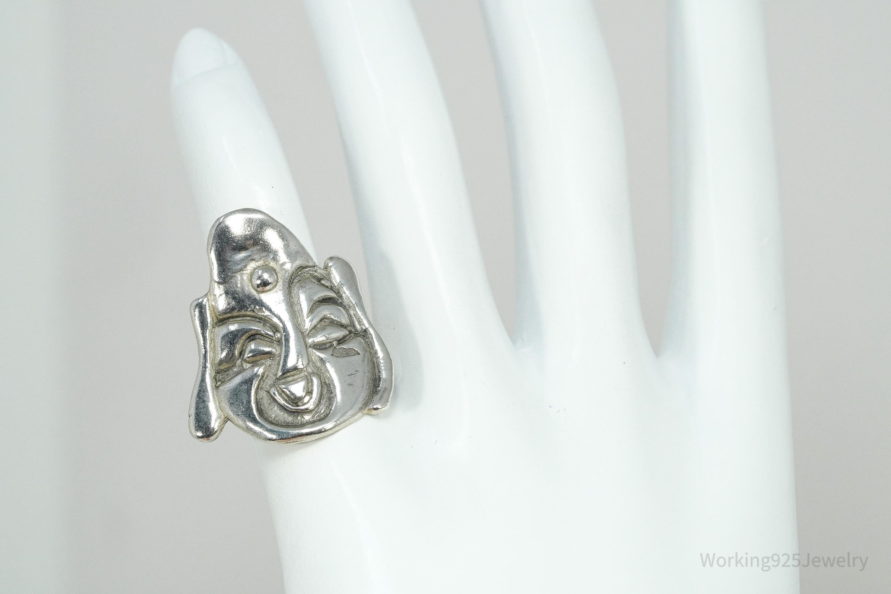 Vintage Large Buddha Head Silver Ring - Size 4.5