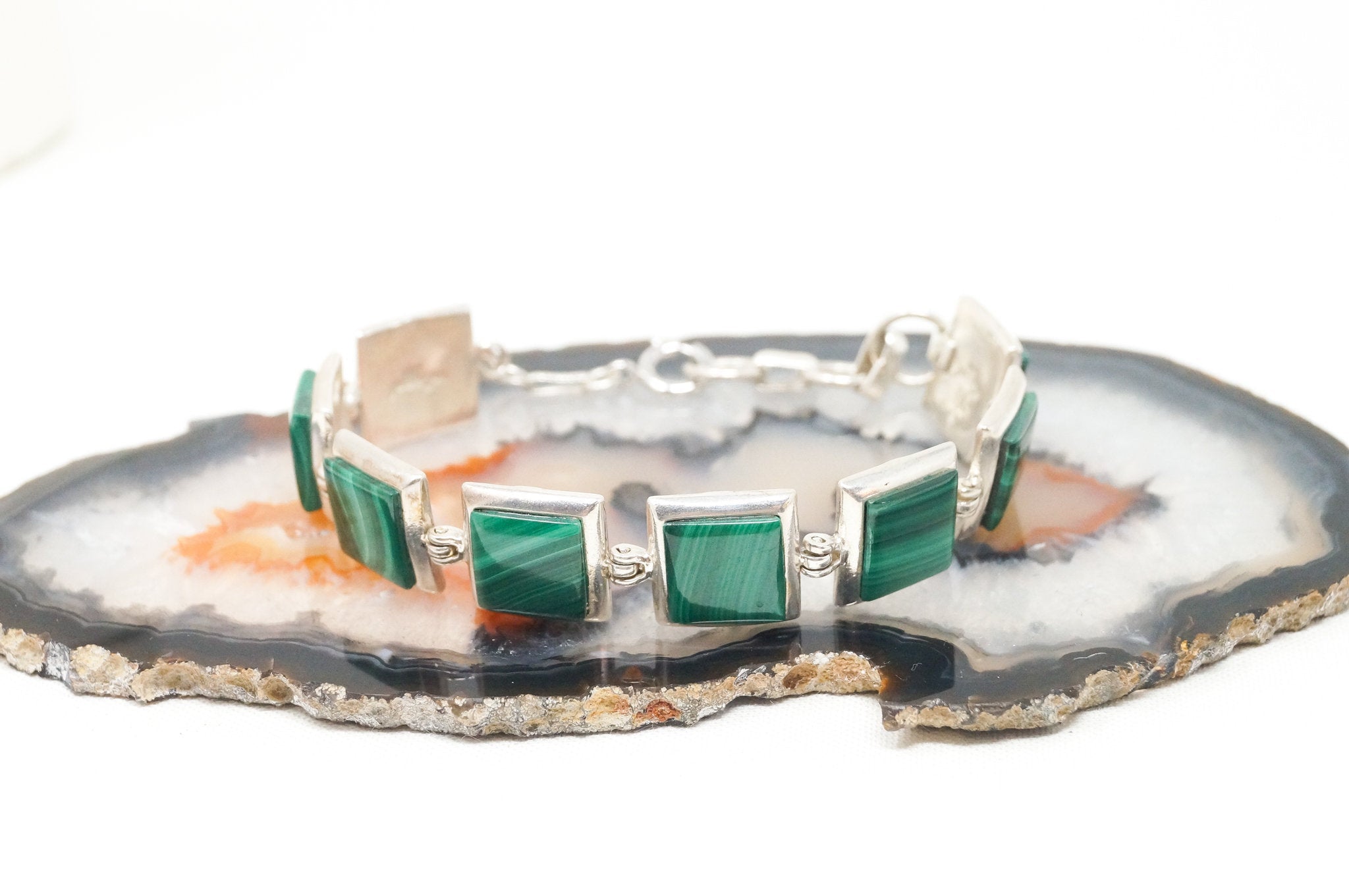 Vtg Native American Betty Thomas Sanel Malachite Sterling Silver Bracelet