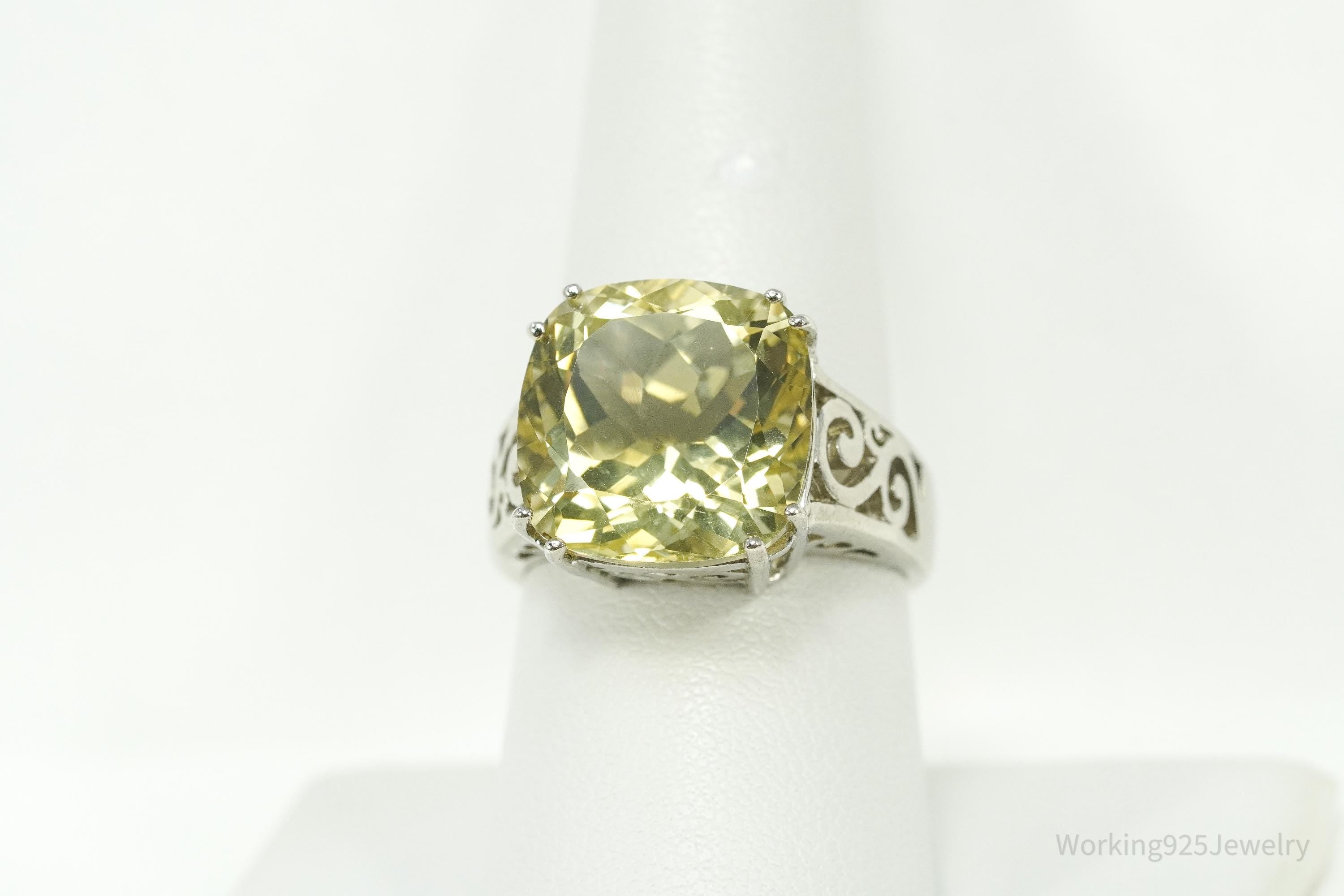 Vintage Large Lemon Citrine Sterling Silver Ring - Size 8