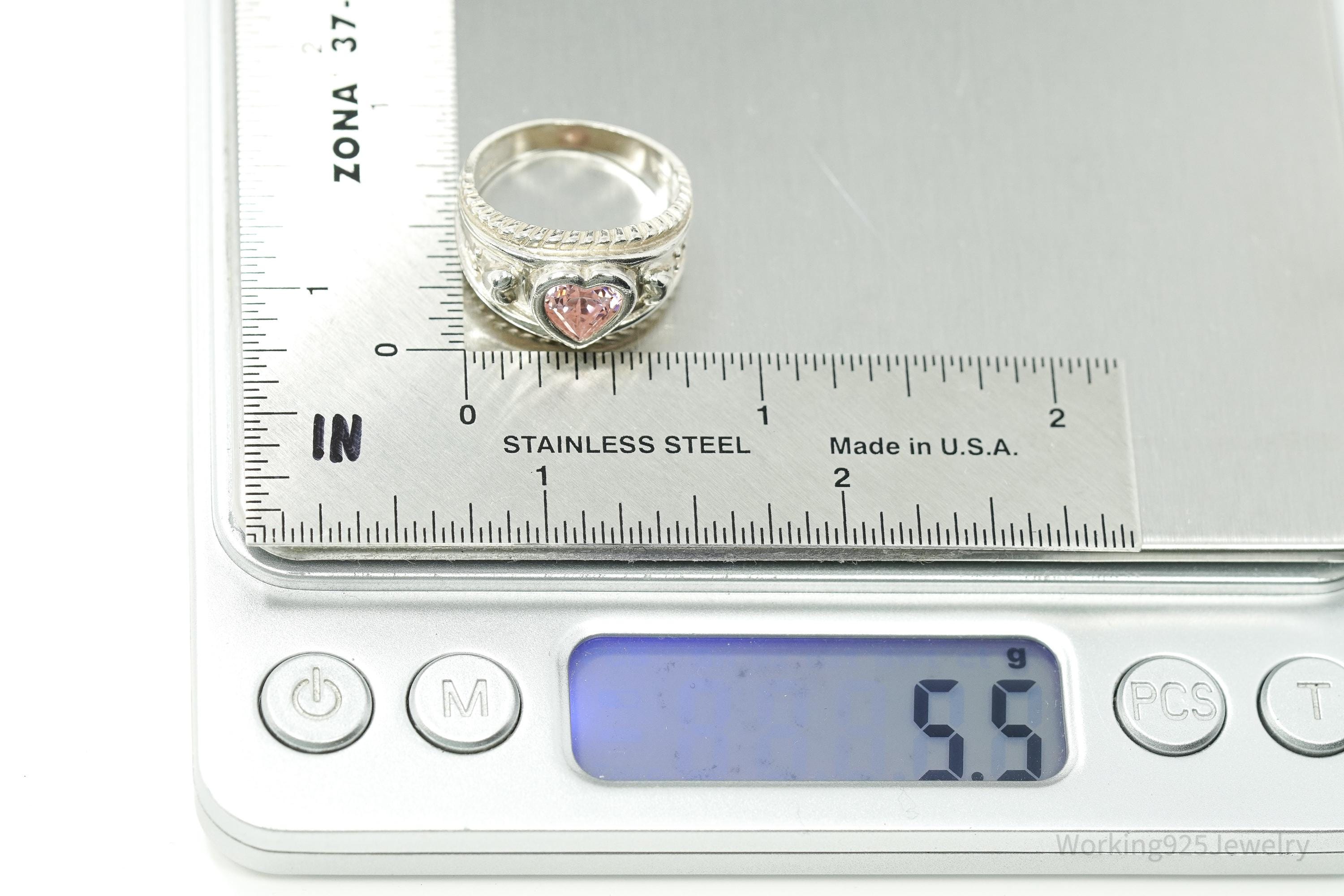 Vintage Pink Cubic Zirconia Heart Sterling Silver Ring - Size 7