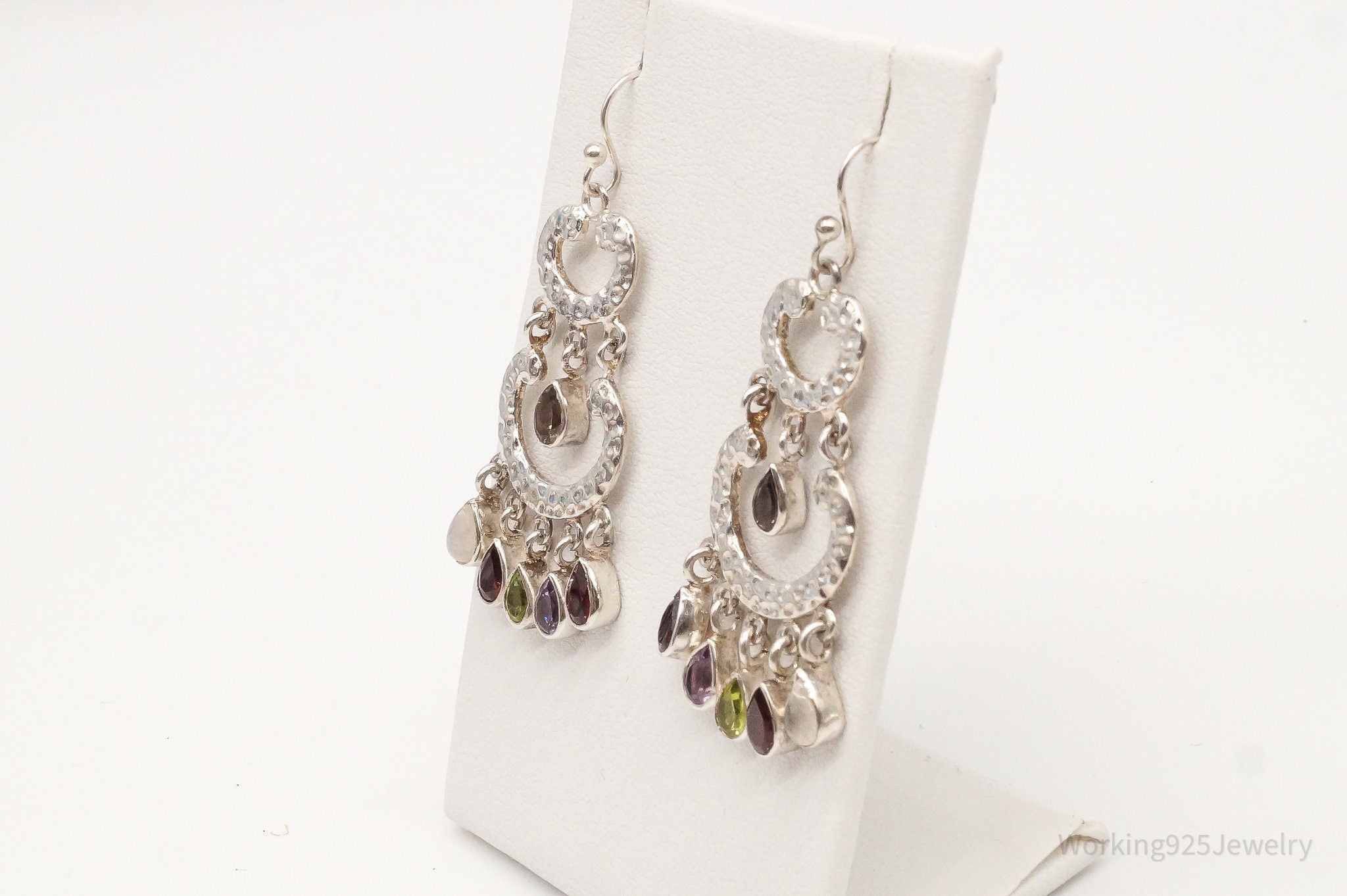 Vintage Multi Gemstones Sterling Silver Dangle Earrings