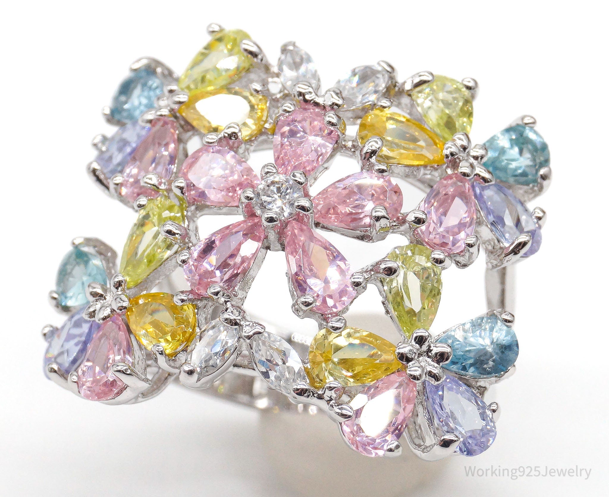 Vintage Multi Color Cubic Zirconia Flowers Sterling Silver Ring - Size 7