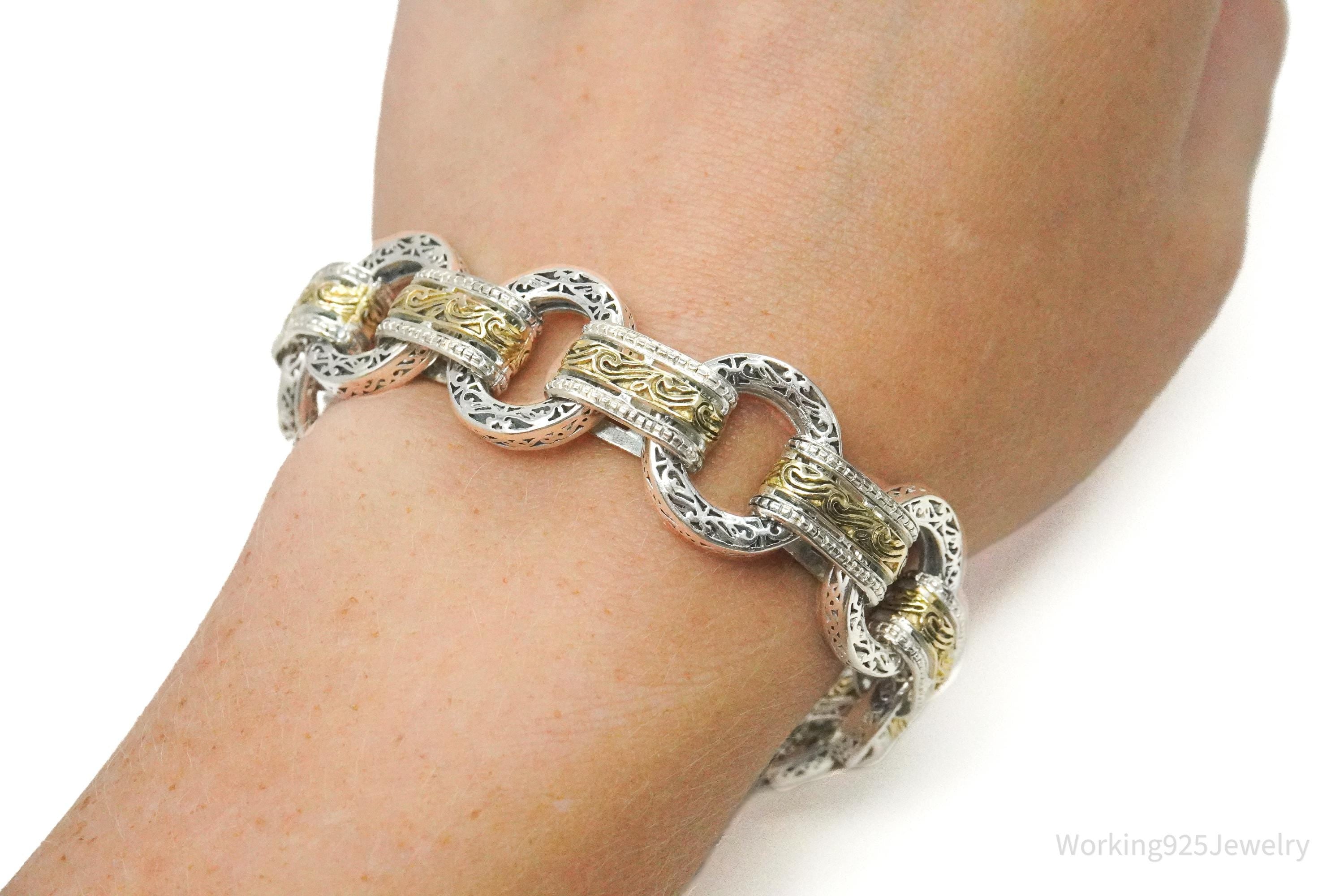Vintage ASJ Filigree Scroll Design Large Link Gold Vermeil Sterling Silver Chain Bracelet 7 7/8"