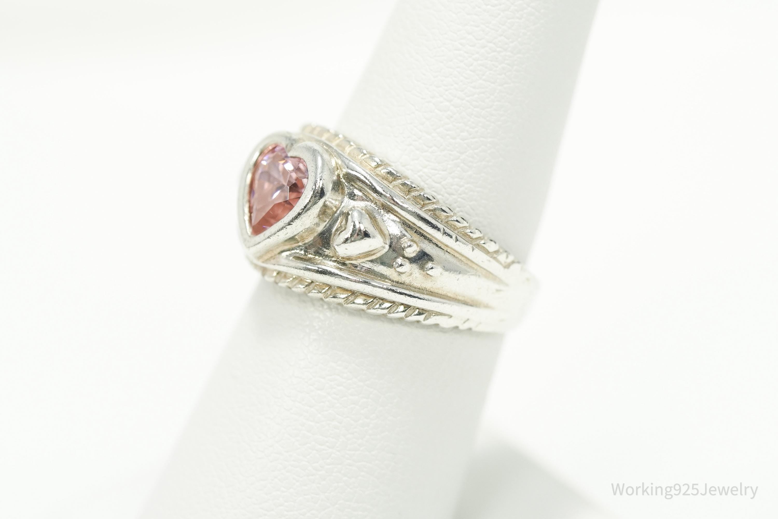 Vintage Pink Cubic Zirconia Heart Sterling Silver Ring - Size 7