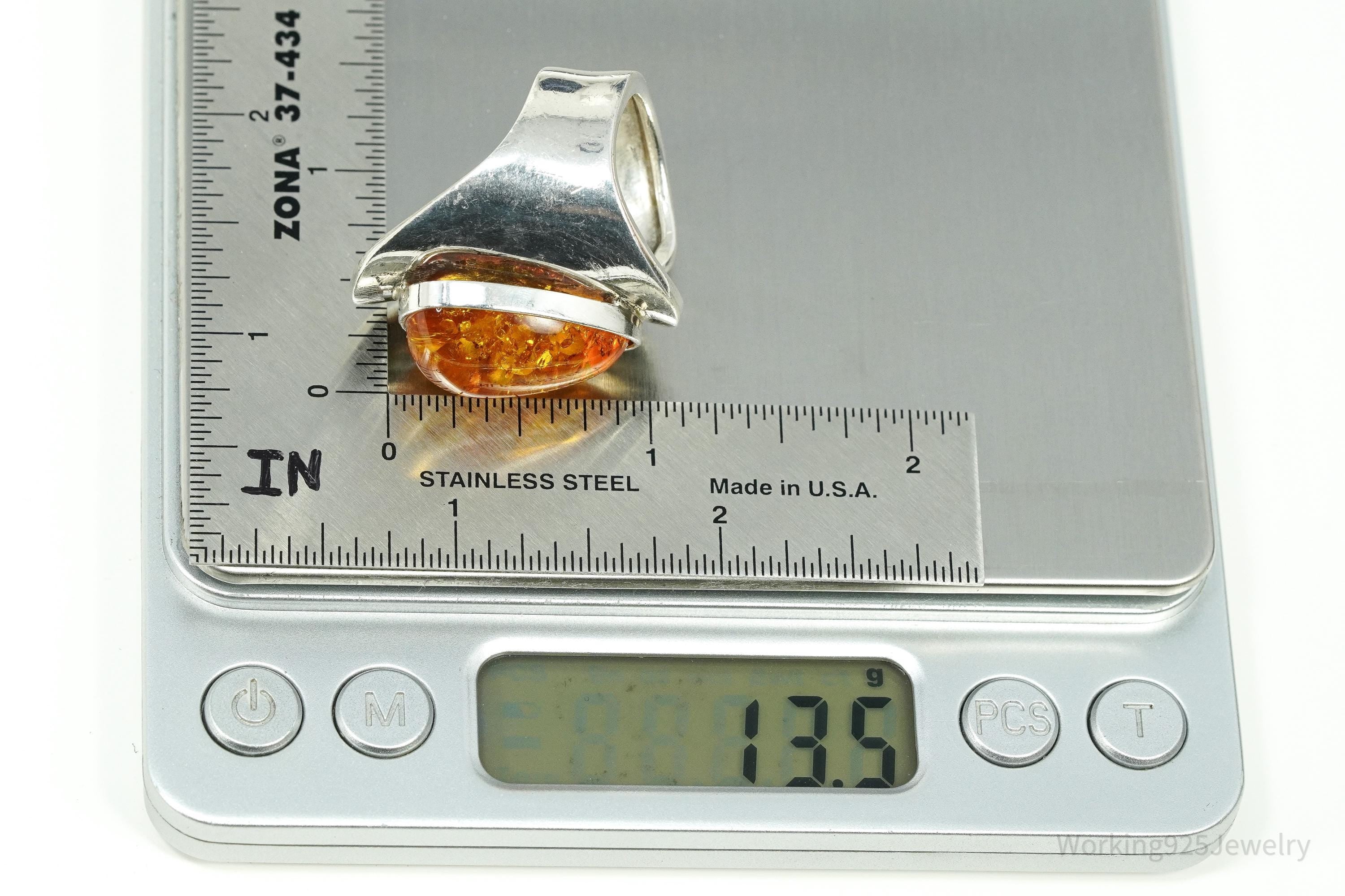 Vintage Large Amber Modernist Style Sterling Silver Ring - Size 9