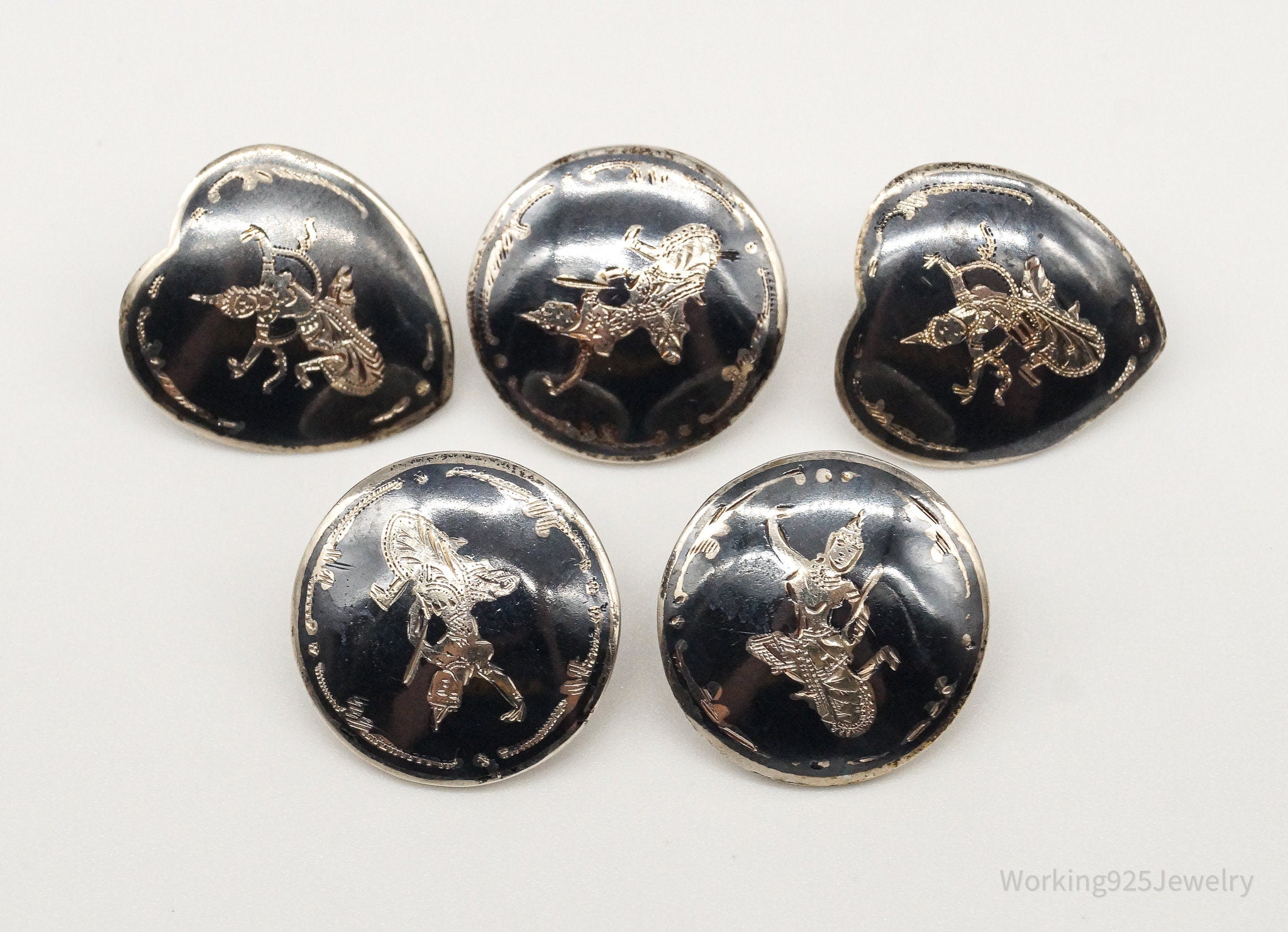 Vintage Siam Black Enamel Lightening Dancers Sterling Silver Buttons