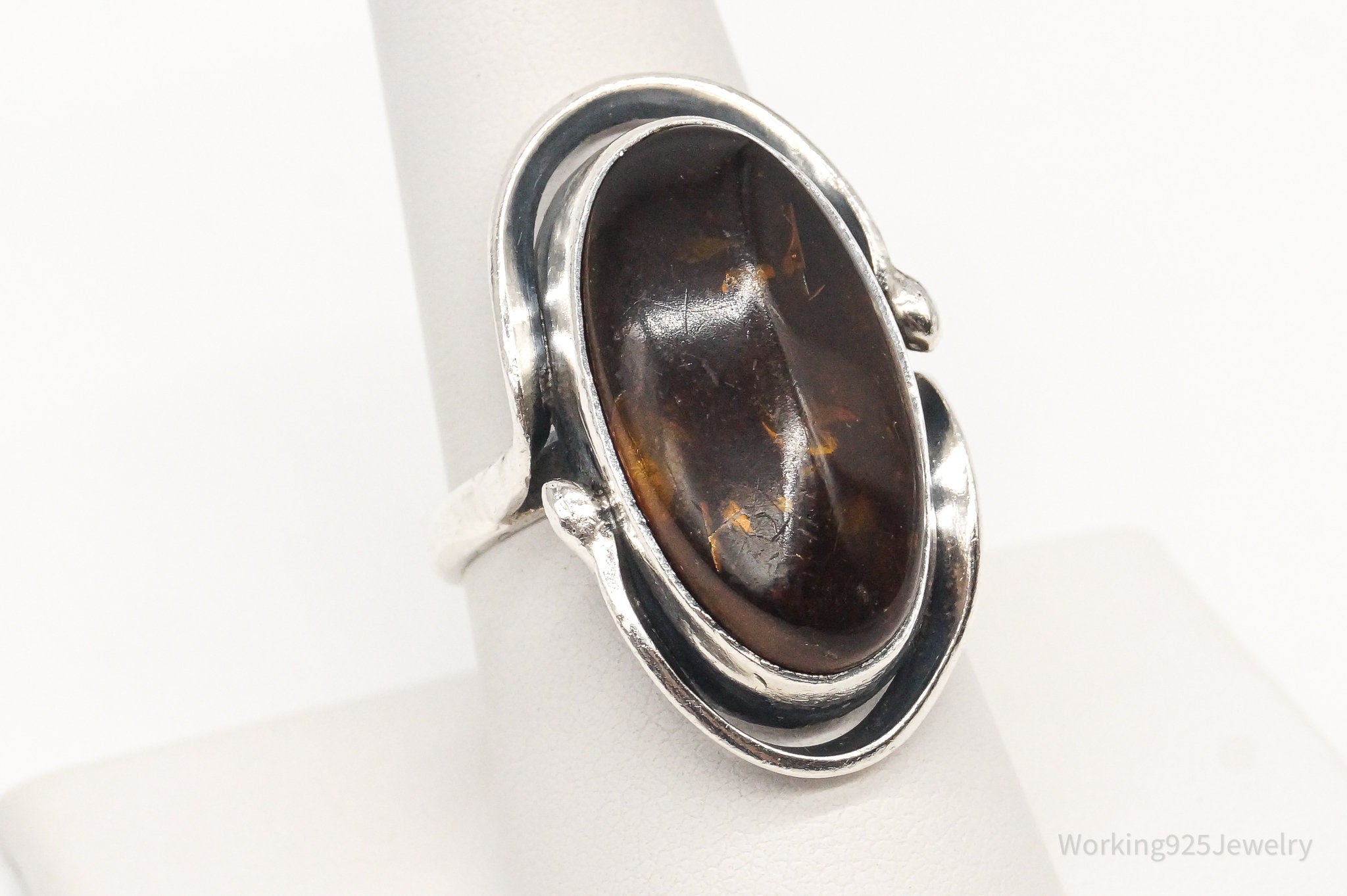 Vintage Polish Amber Modernist Sterling Silver Ring - Size 8.25