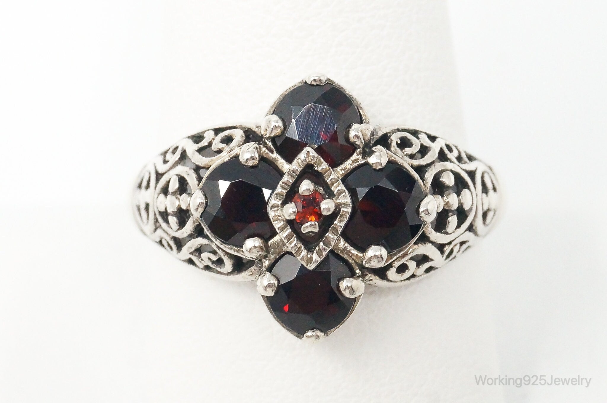 Vintage Red Garnet Floral Cut Out Design Sterling Silver Ring Size 10 -