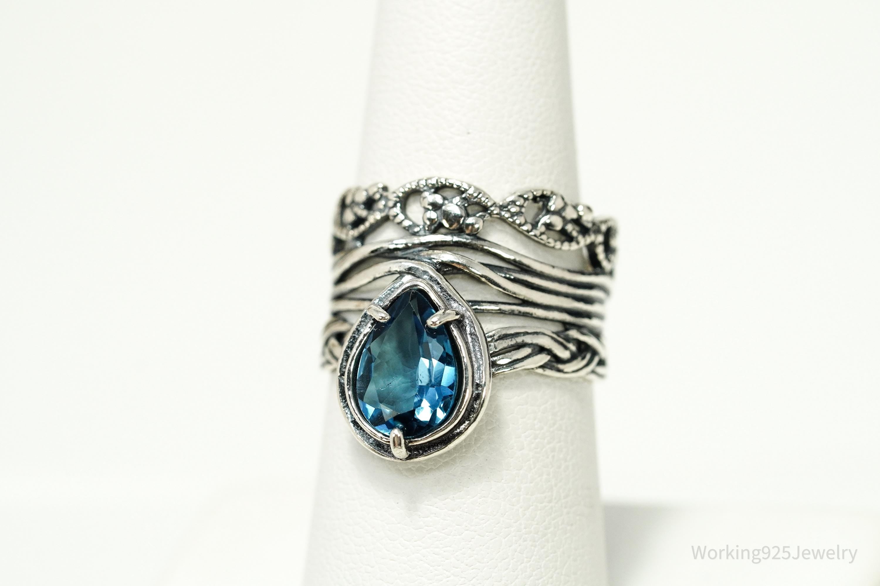 Vintage Israel Designer Paz PZ Blue Topaz Sterling Silver Ring - Size 7.5