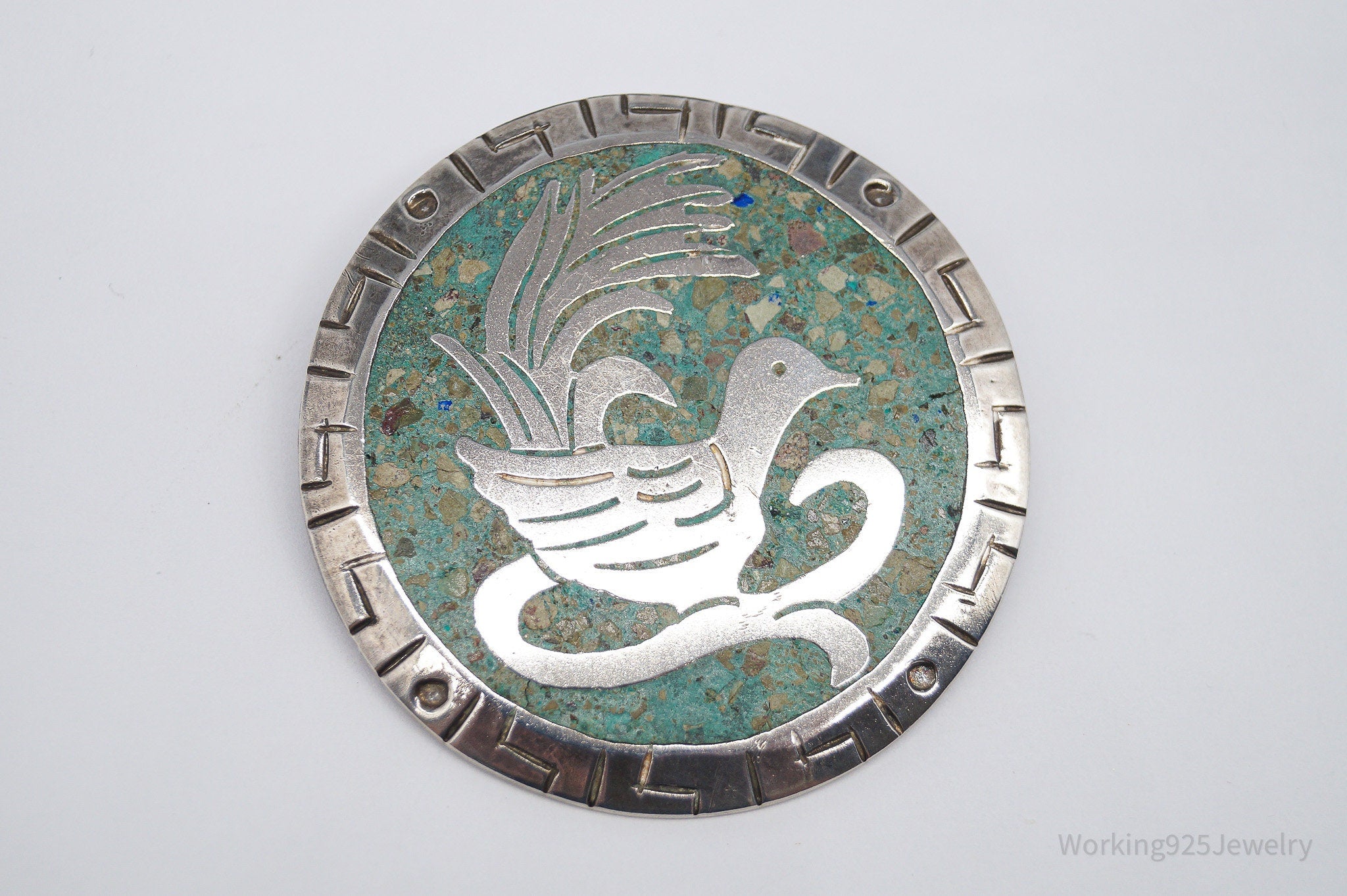 Vintage Large Mexico Gem Inlay Sterling Silver Brooch Pin Pendant 2"