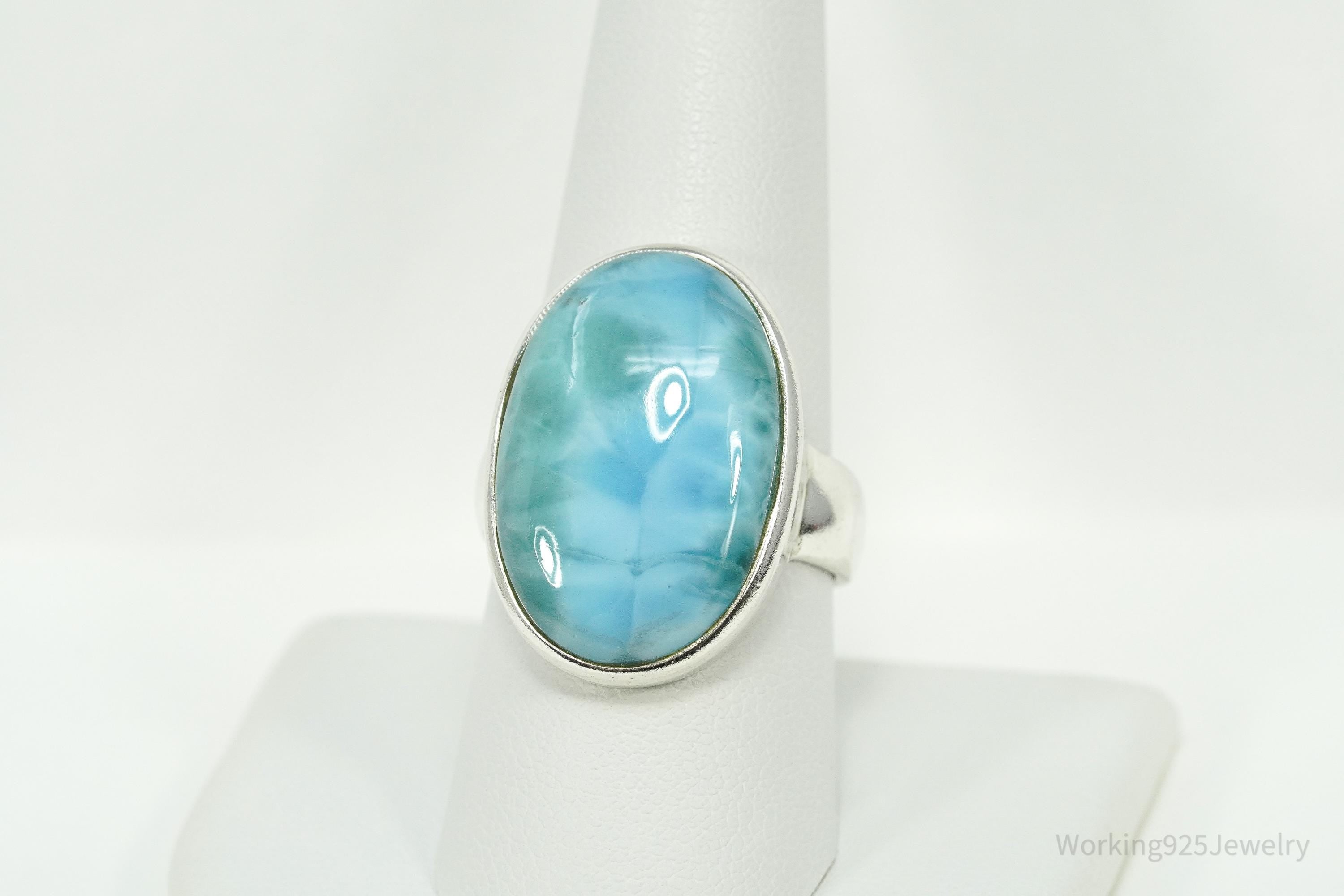 Vintage Large Blue Larimar Sterling Silver Ring - Size 9