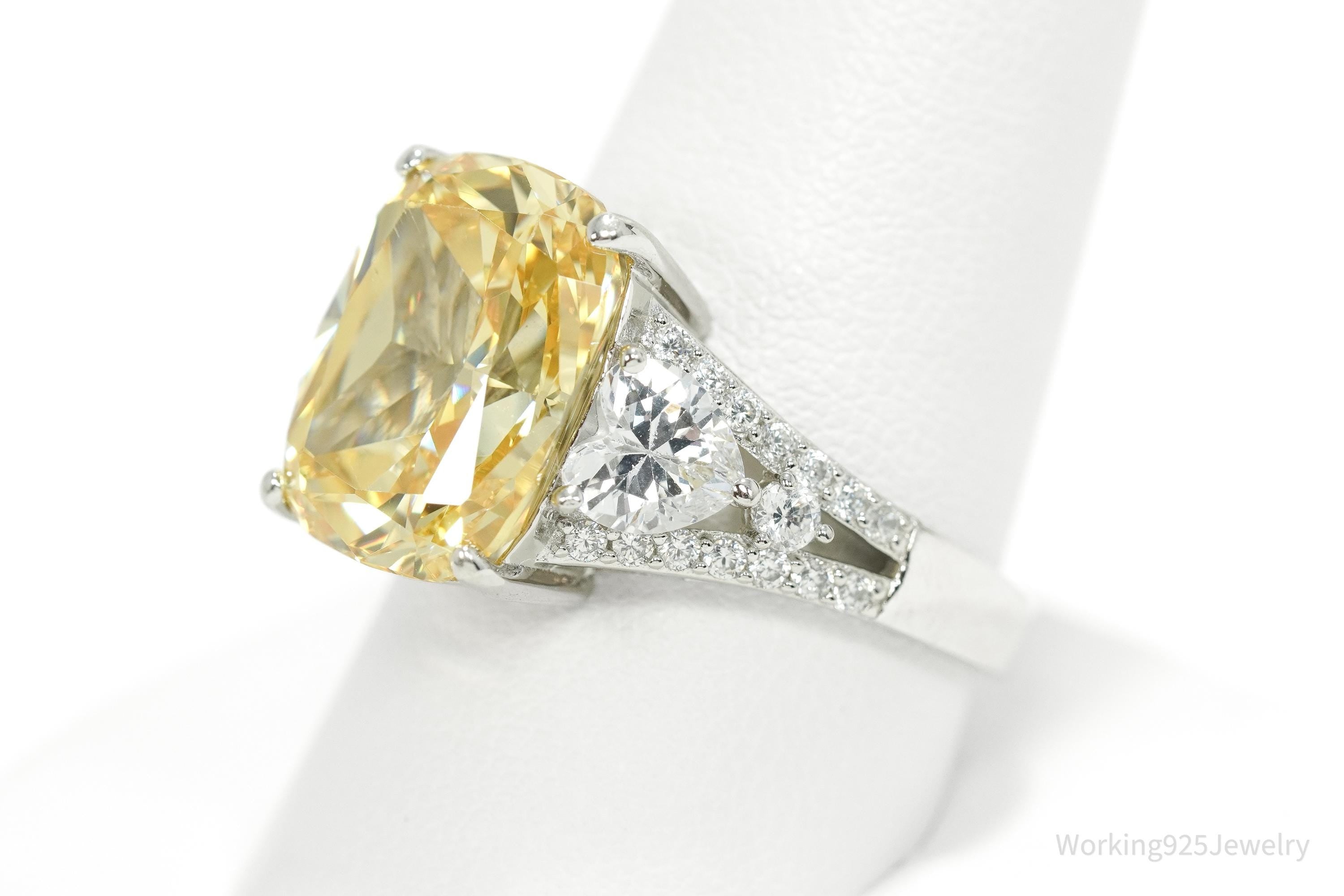 Vintage Large Yellow & White Cubic Zirconia Sterling Silver Ring - Size 10.25