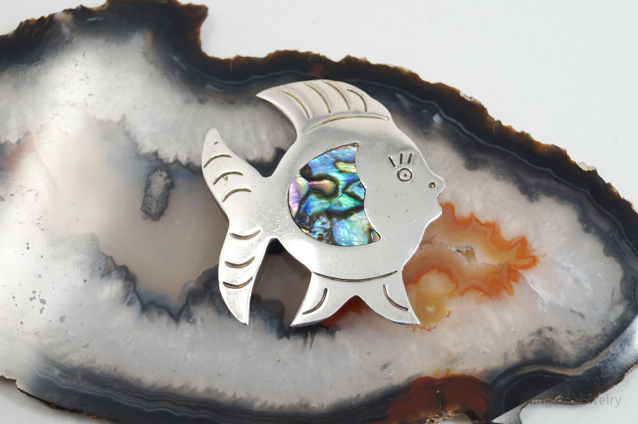 Vintage Mexico Alpaca Abalone Paua Shell Fish Sterling Silver Brooch Pin