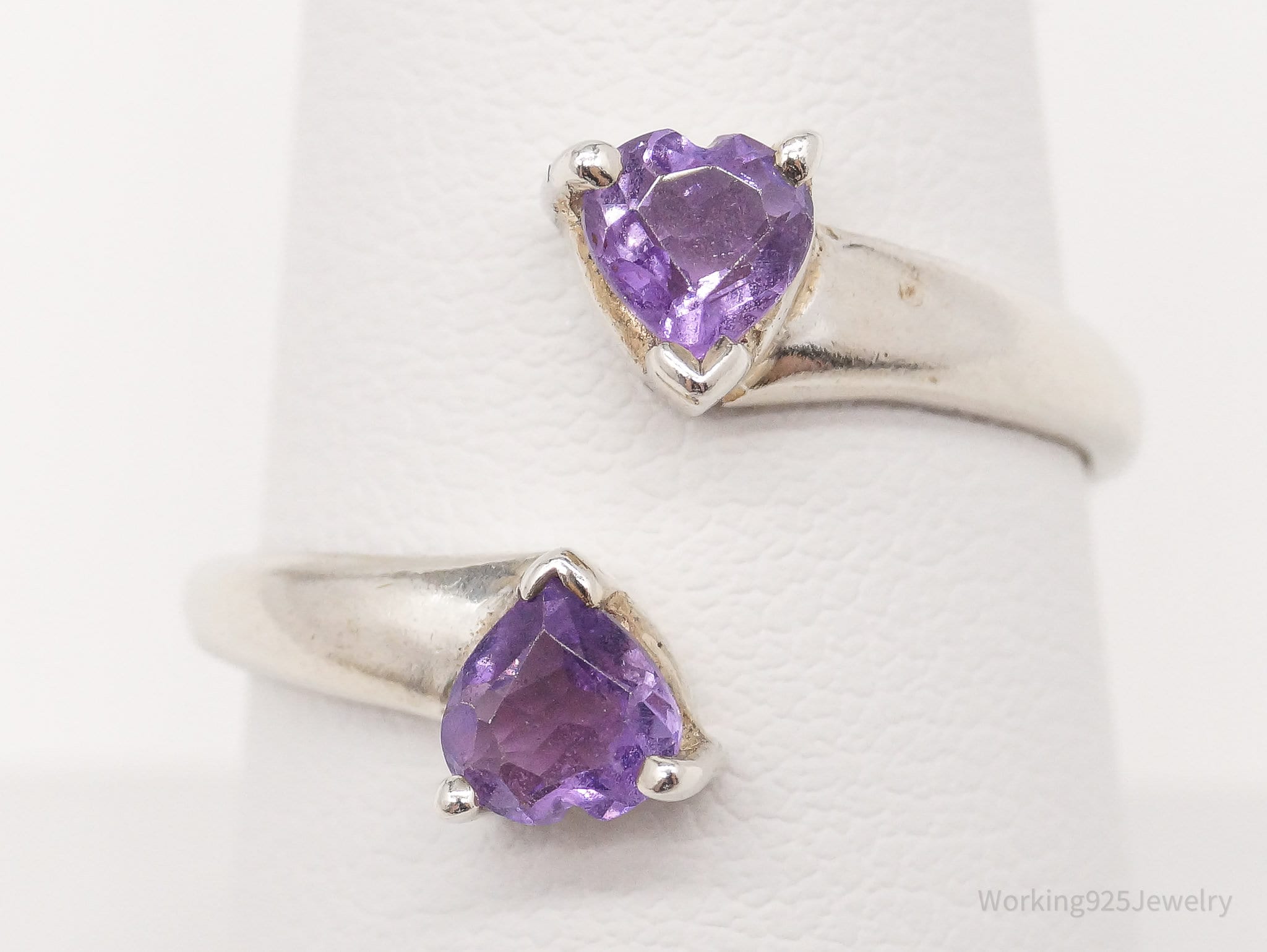 Vintage Amethyst Hearts Sterling Silver Wrap Ring - Size 8.75 Adjustable