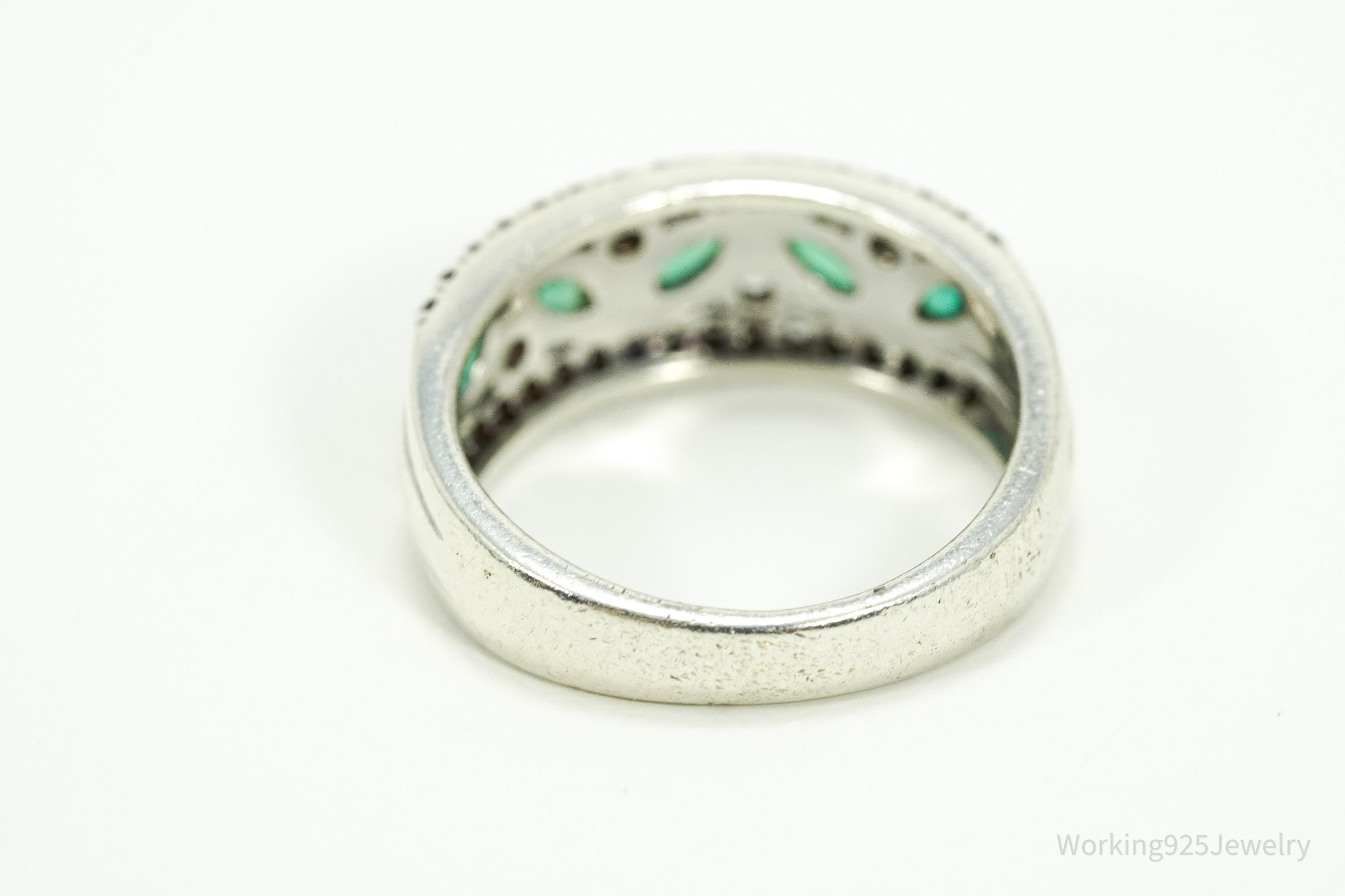 Vintage Emerald & White Sapphire Sterling Silver Ring - Size 6