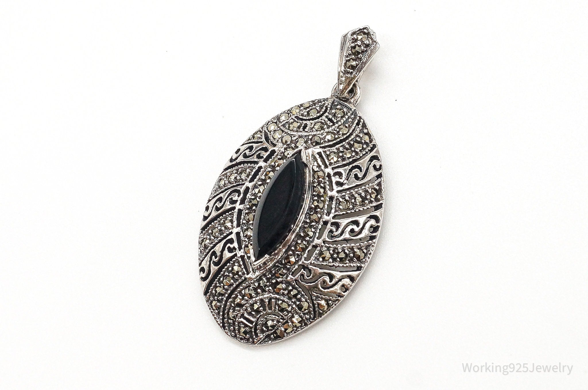 Vintage Large Black Onyx Marcasite Sterling Silver Pendant