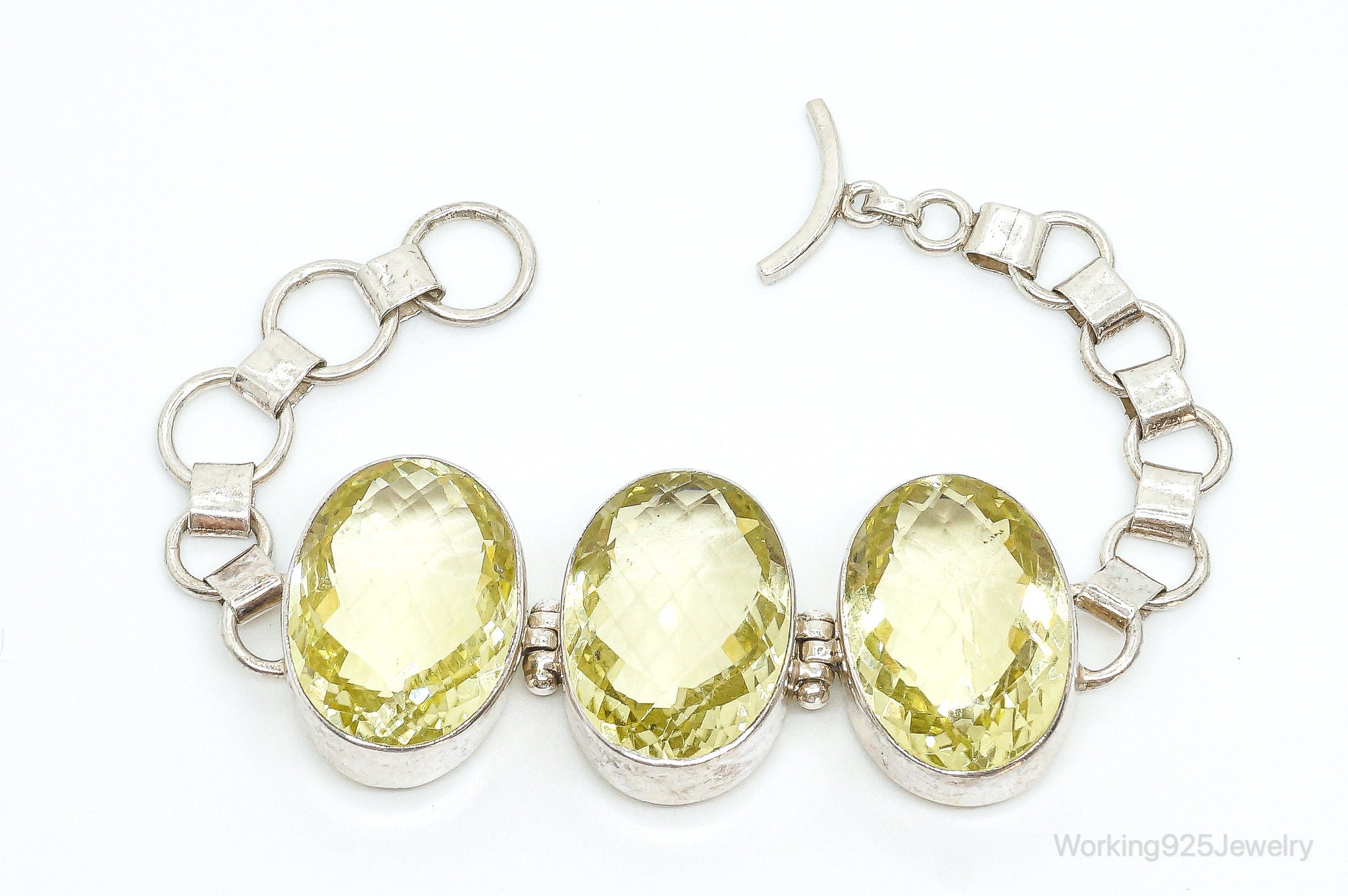 Vintage Large Lemon Quartz Sterling Silver Toggle Bracelet