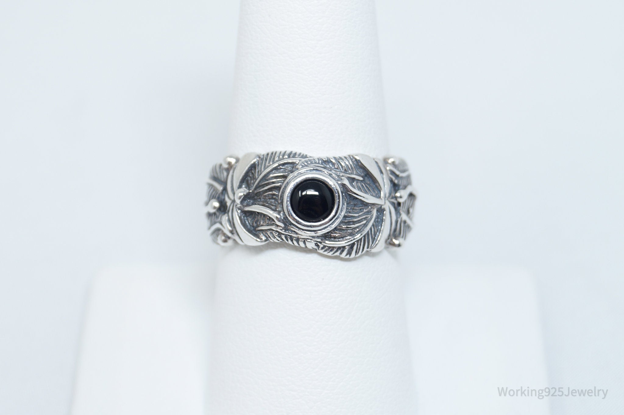 Vintage Southwestern Black Onyx Feather Sterling Silver Band Ring - Size 8.25