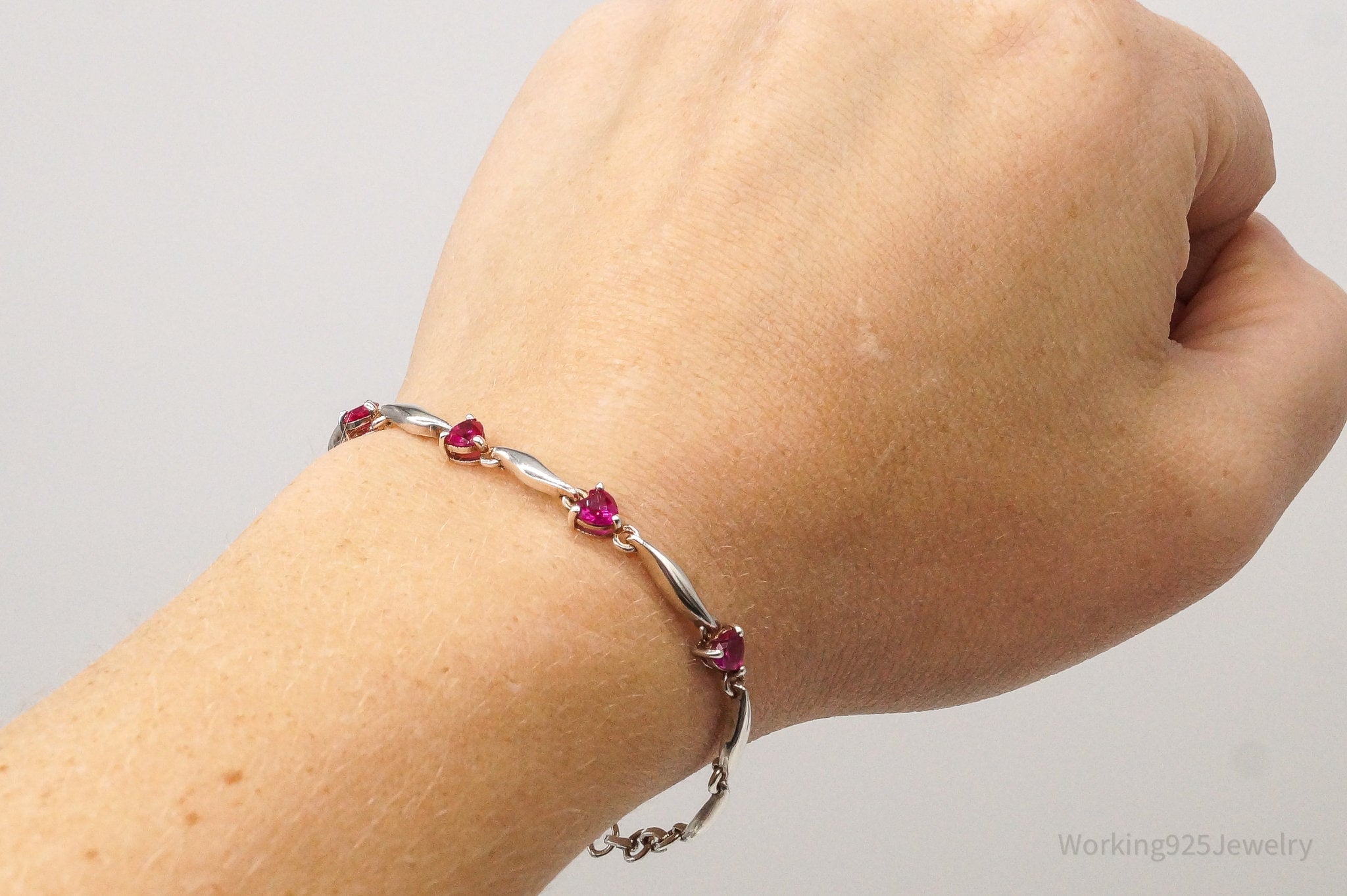 Vintage Ruby Hearts Sterling Silver Bracelet