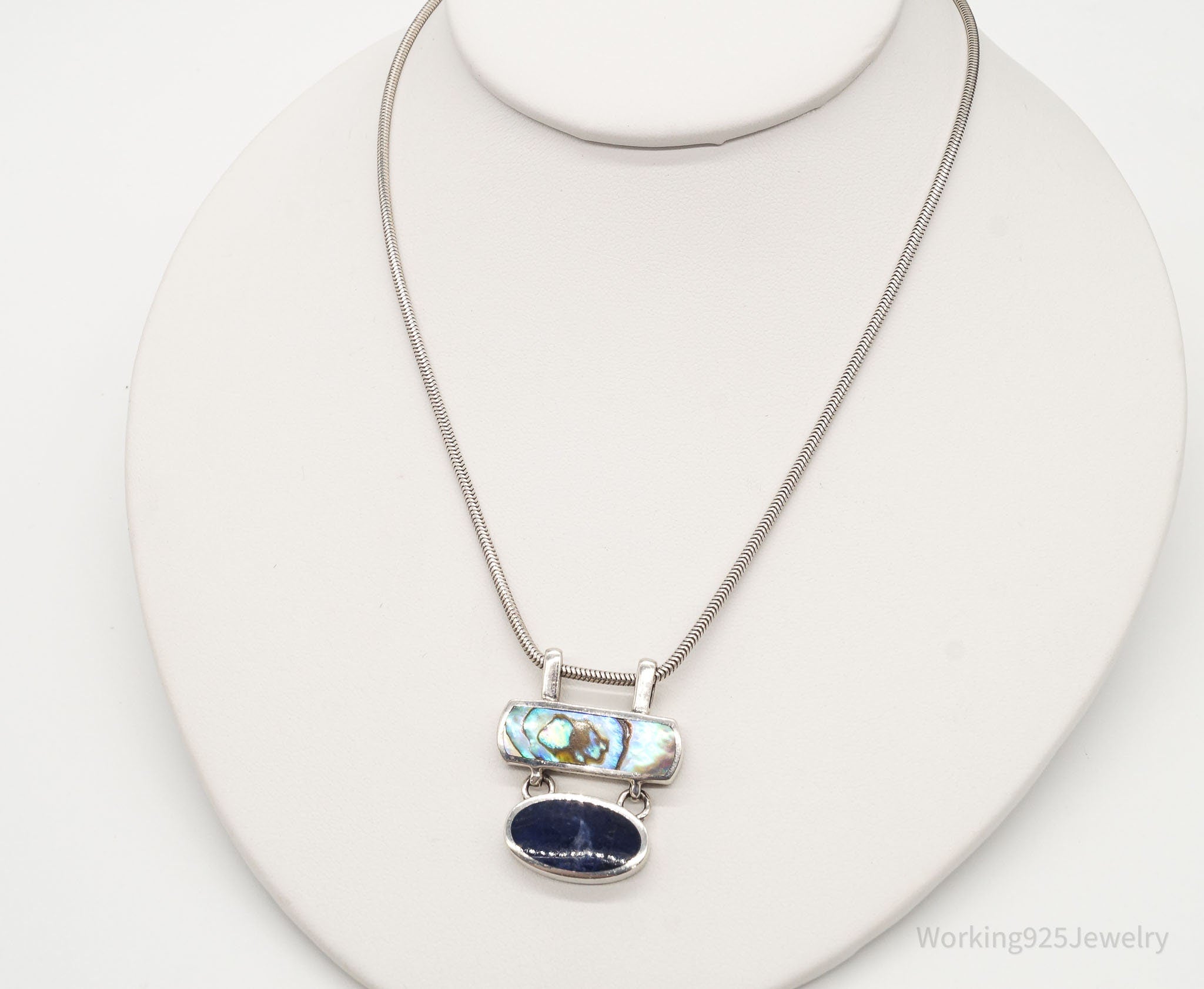 Vintage Paua Abalone Shell Sodalite Sterling Silver Necklace