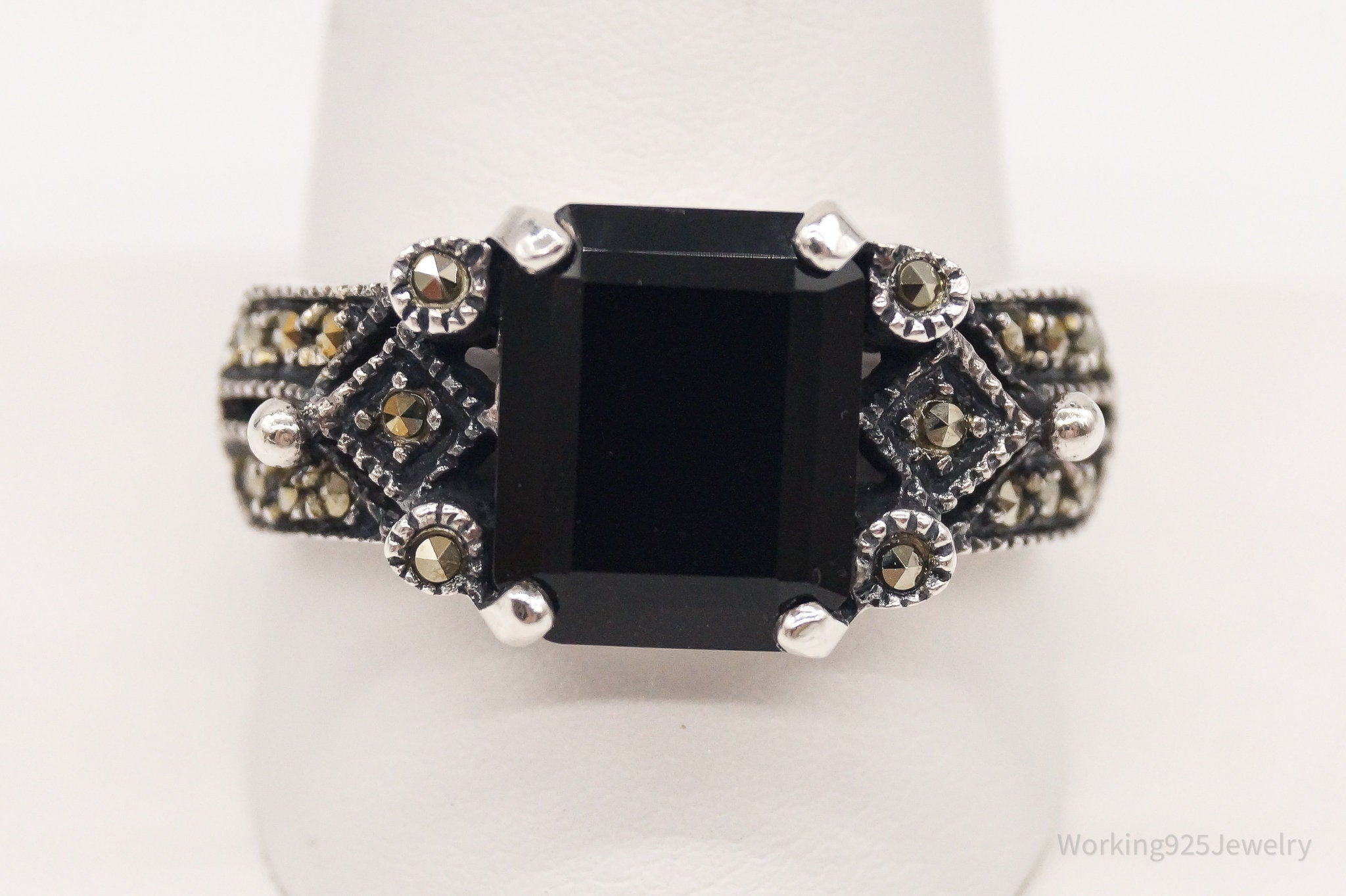 VTG Art Deco Marcasite Black Onyx Sterling Silver Statement Ring - SZ 11